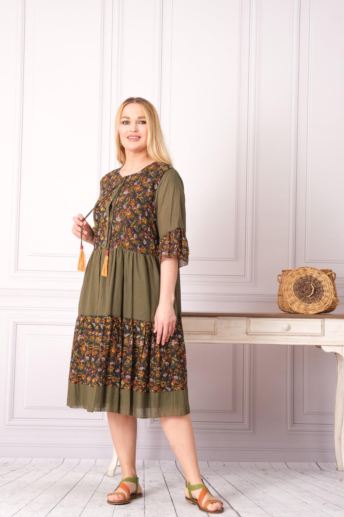 4641-1 Büyük Beden Desenli Yaka Düğmeli Katkat Kısa Kol Pamuk Otantik Elbise