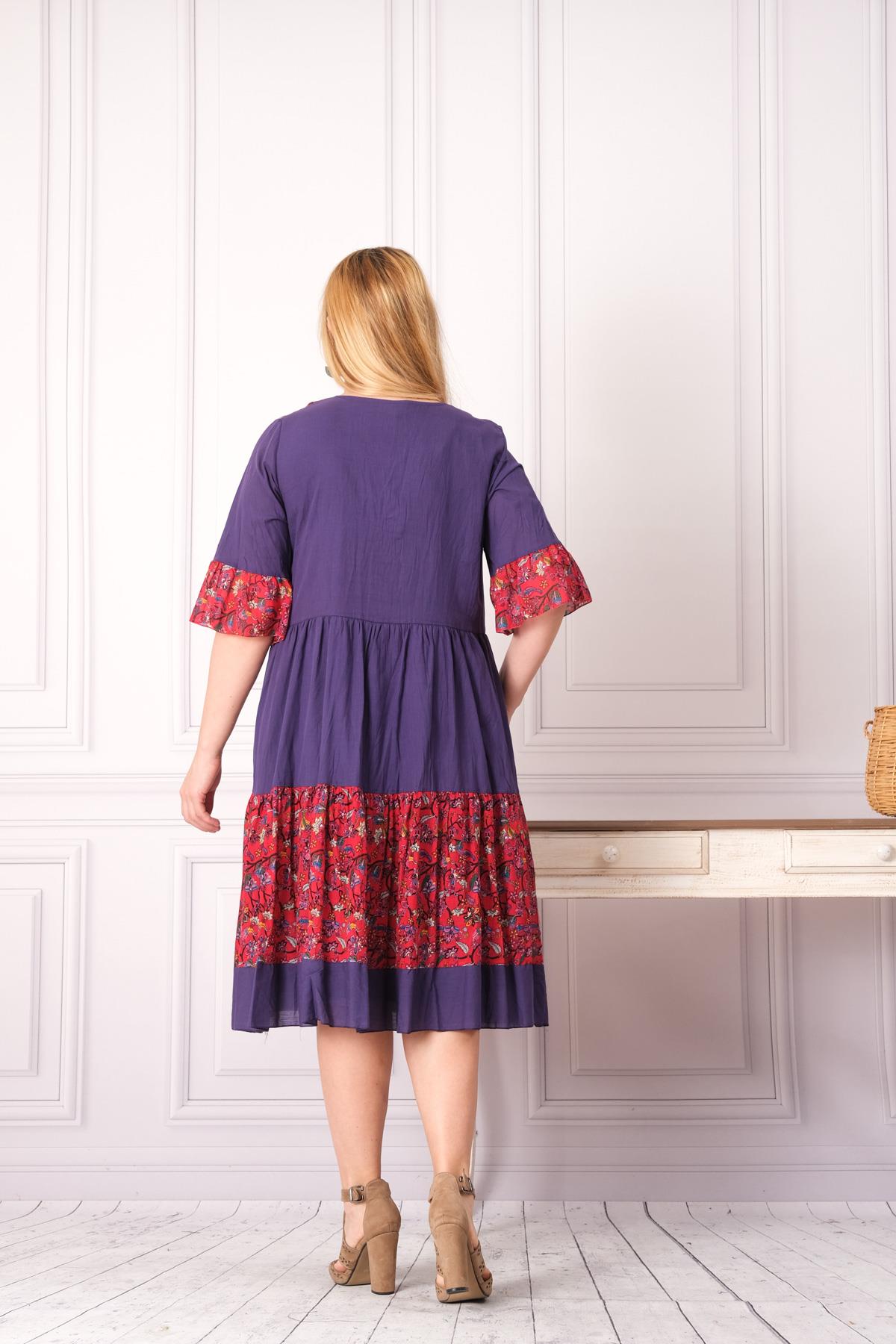 4641-1 Büyük Beden Desenli Yaka Düğmeli Katkat Kısa Kol Pamuk Otantik Elbise