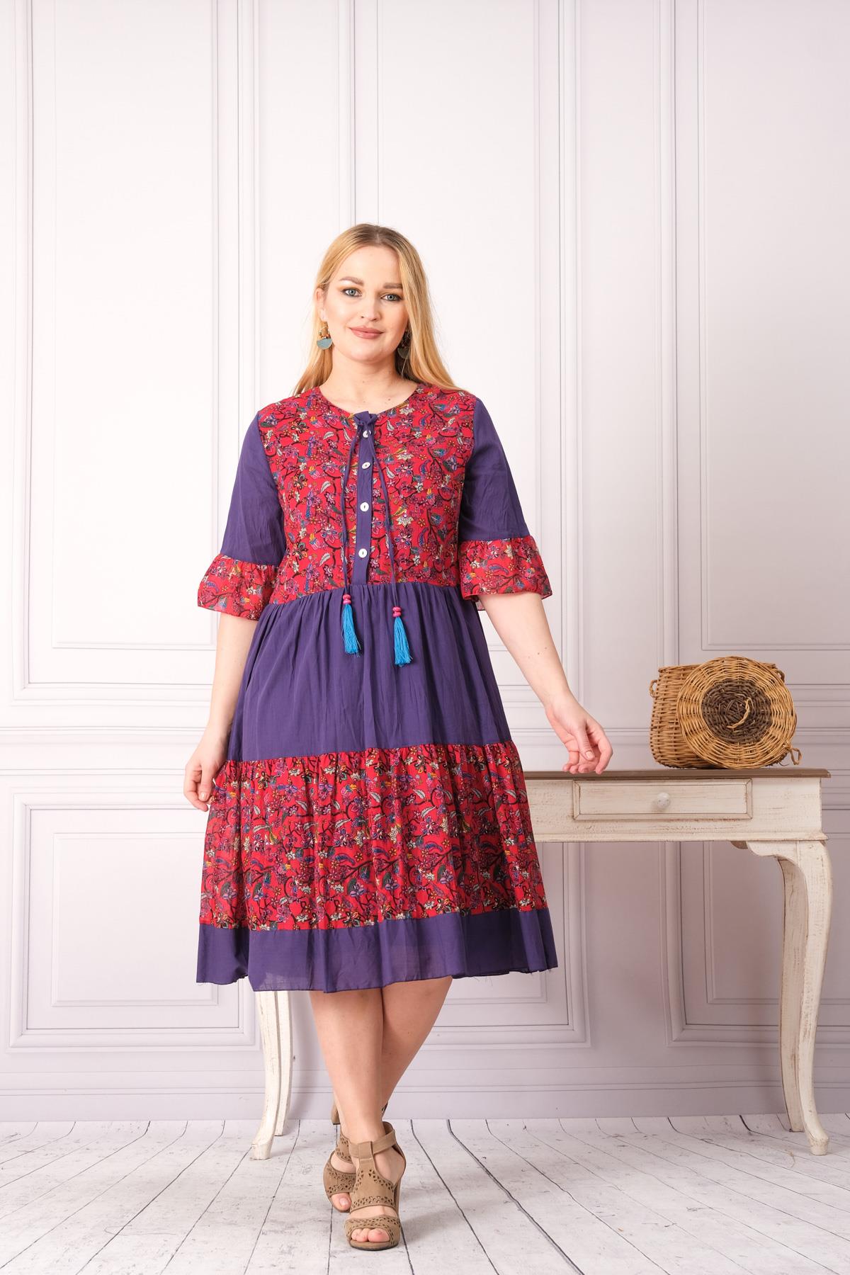 4641-1 Büyük Beden Desenli Yaka Düğmeli Katkat Kısa Kol Pamuk Otantik Elbise