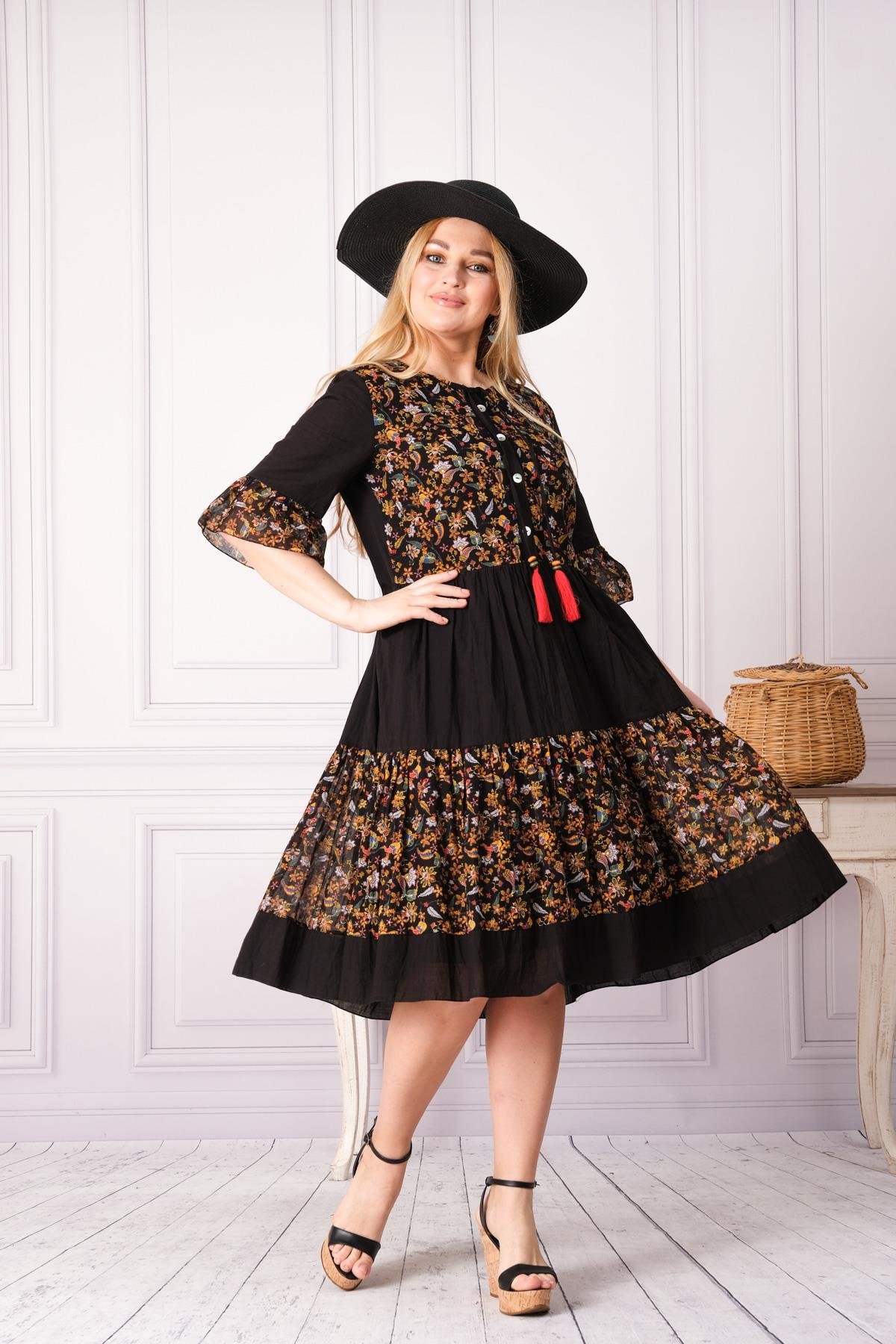 4641-1 Büyük Beden Desenli Yaka Düğmeli Katkat Kısa Kol Pamuk Otantik Elbise