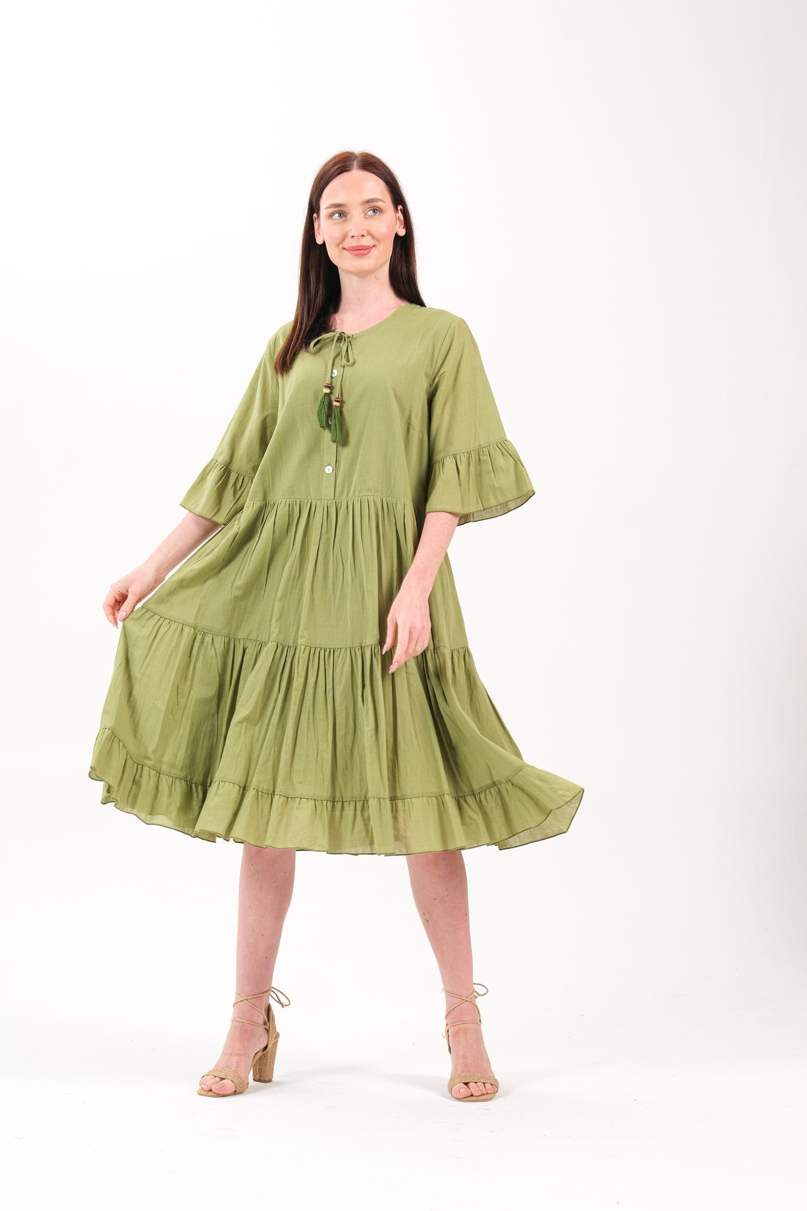 4641-3 Büyük Beden Yaka Düğmeli Truvakar Kol Pamuklu Otantik Elbise