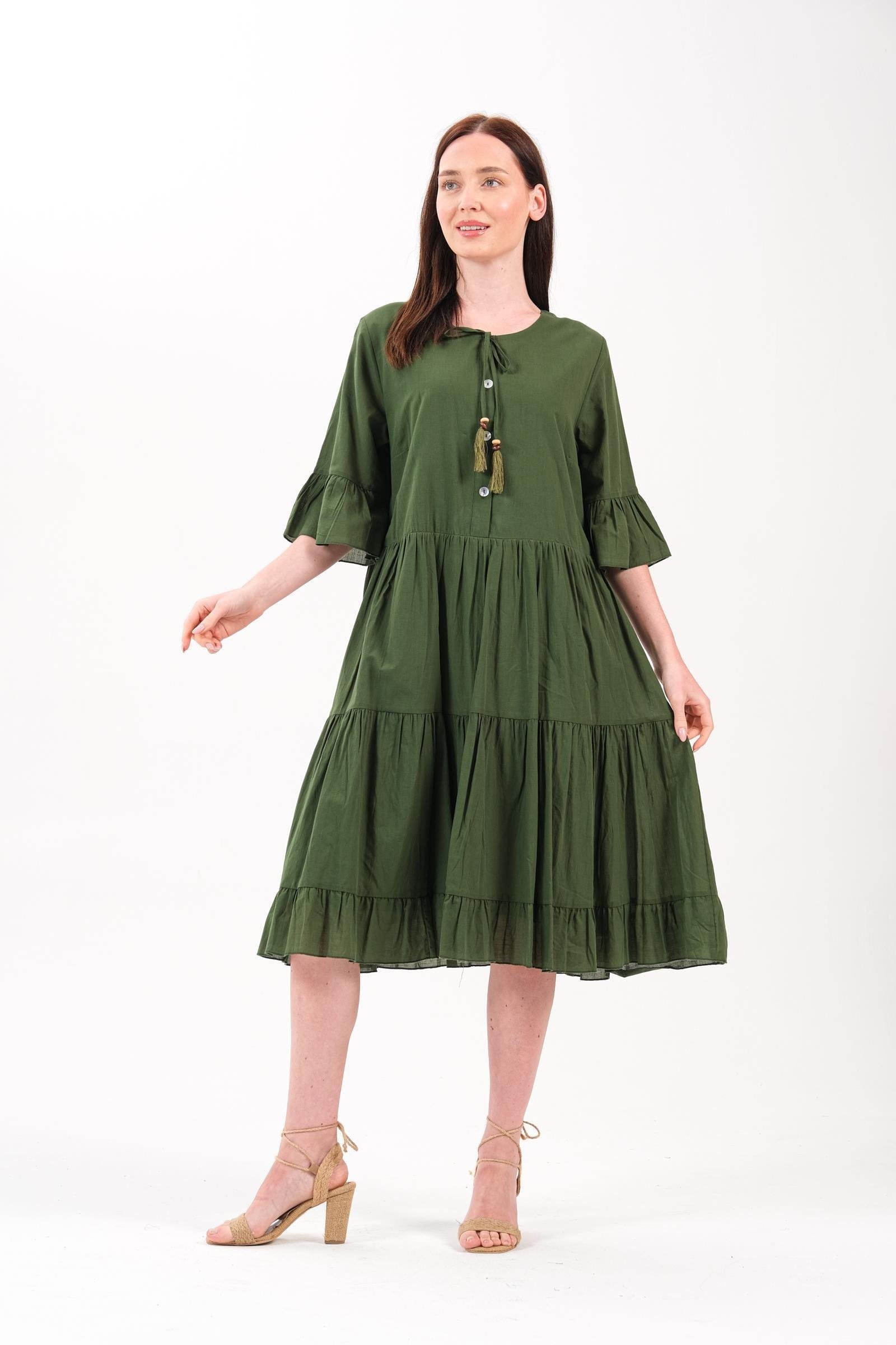 4641-3 Büyük Beden Yaka Düğmeli Truvakar Kol Pamuklu Otantik Elbise