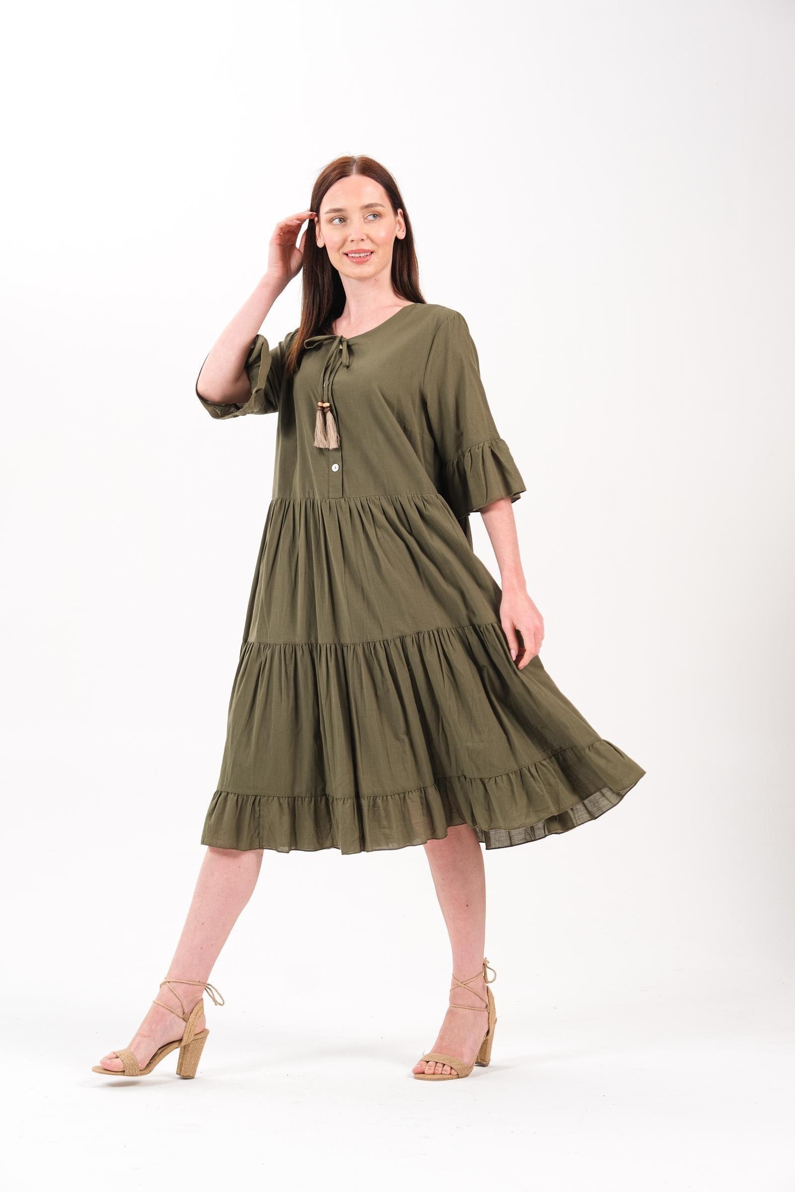 4641-3 Büyük Beden Yaka Düğmeli Truvakar Kol Pamuklu Otantik Elbise