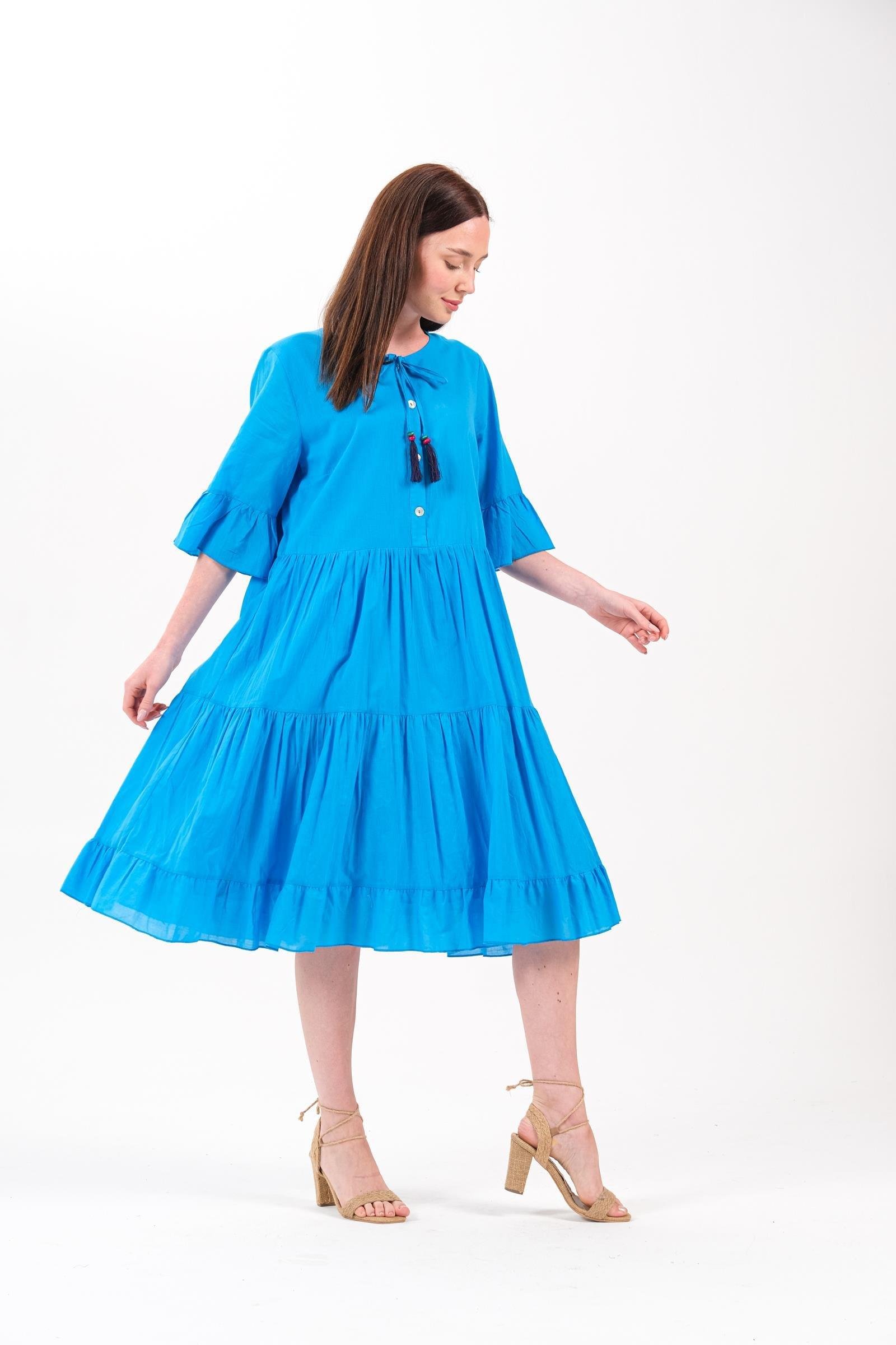 4641-3 Büyük Beden Yaka Düğmeli Truvakar Kol Pamuklu Otantik Elbise