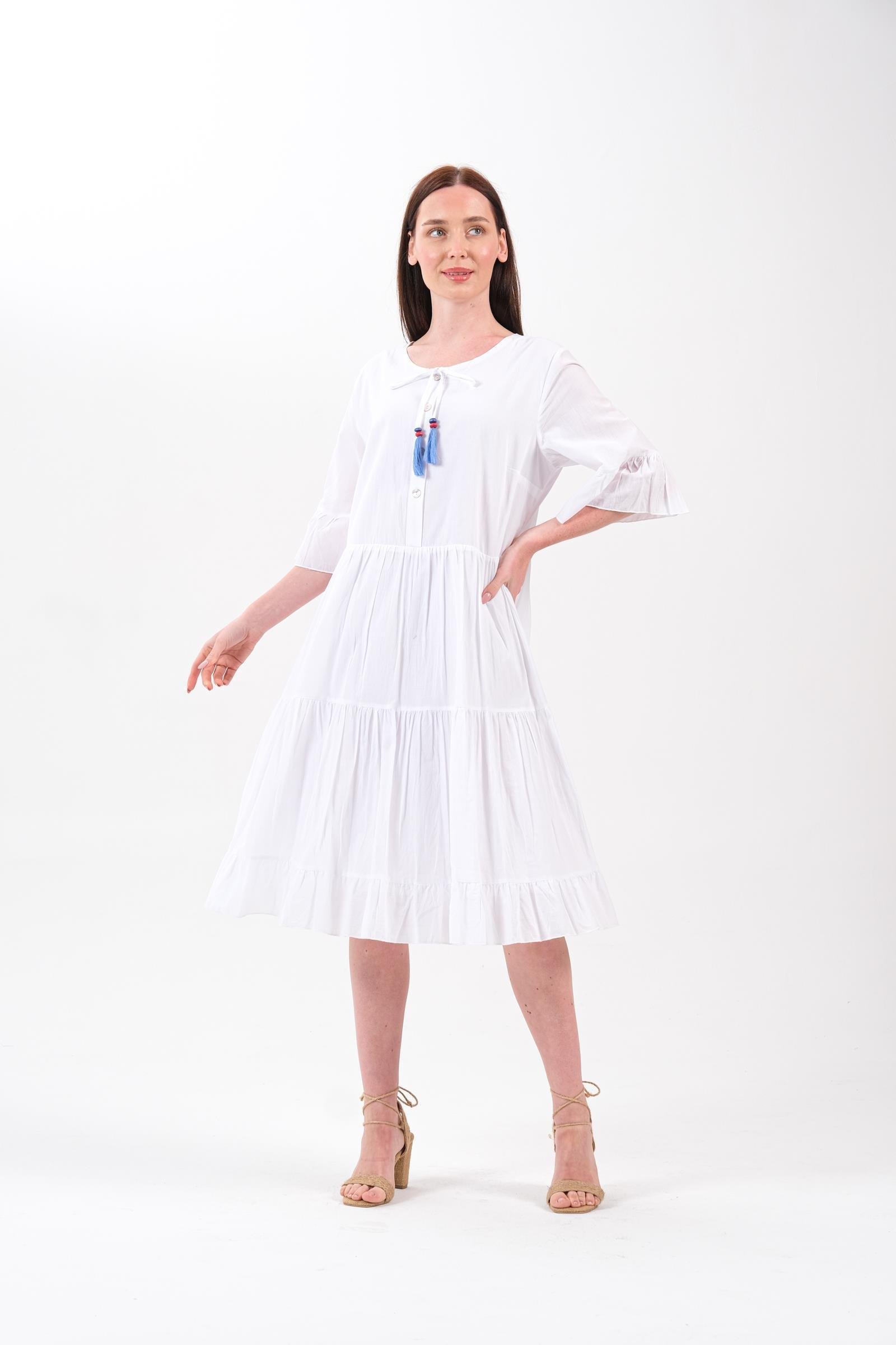 4641-3 Büyük Beden Yaka Düğmeli Truvakar Kol Pamuklu Otantik Elbise