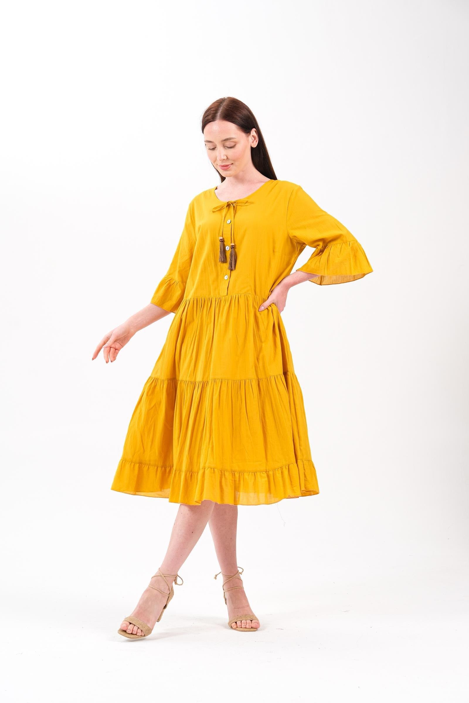 4641-3 Büyük Beden Yaka Düğmeli Truvakar Kol Pamuklu Otantik Elbise