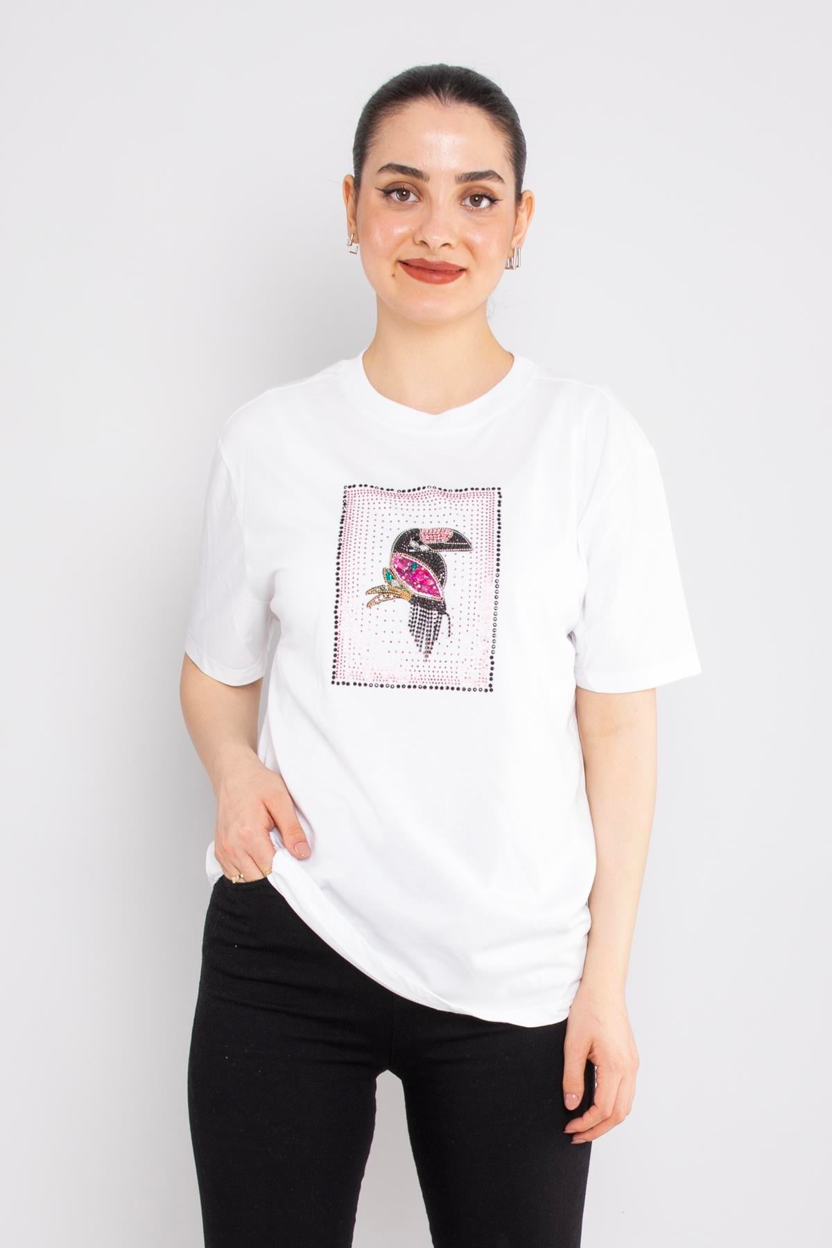 4661 Taşlı Papağan Baskı Bisiklet Yaka Kısa Kol Tshirt