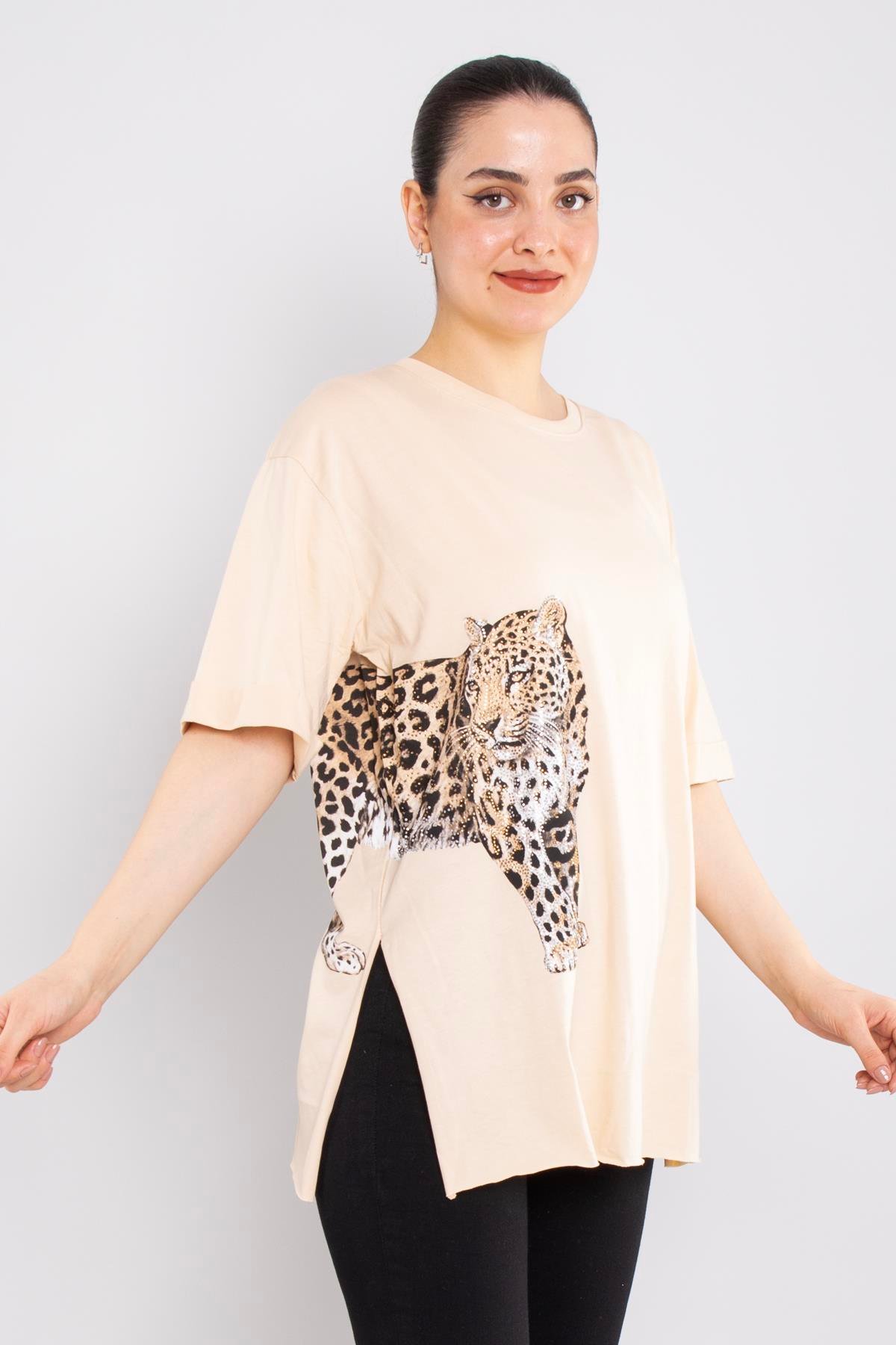 4682 Ön Arka Leopar Taş Baskılı Pamuklı Tshirt