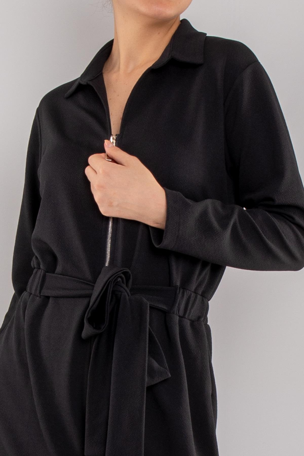 4710 Fermuarlı Yakalı Beli Lastikli Kuşaklı Uzun Kol Kısa Viscon Elbise