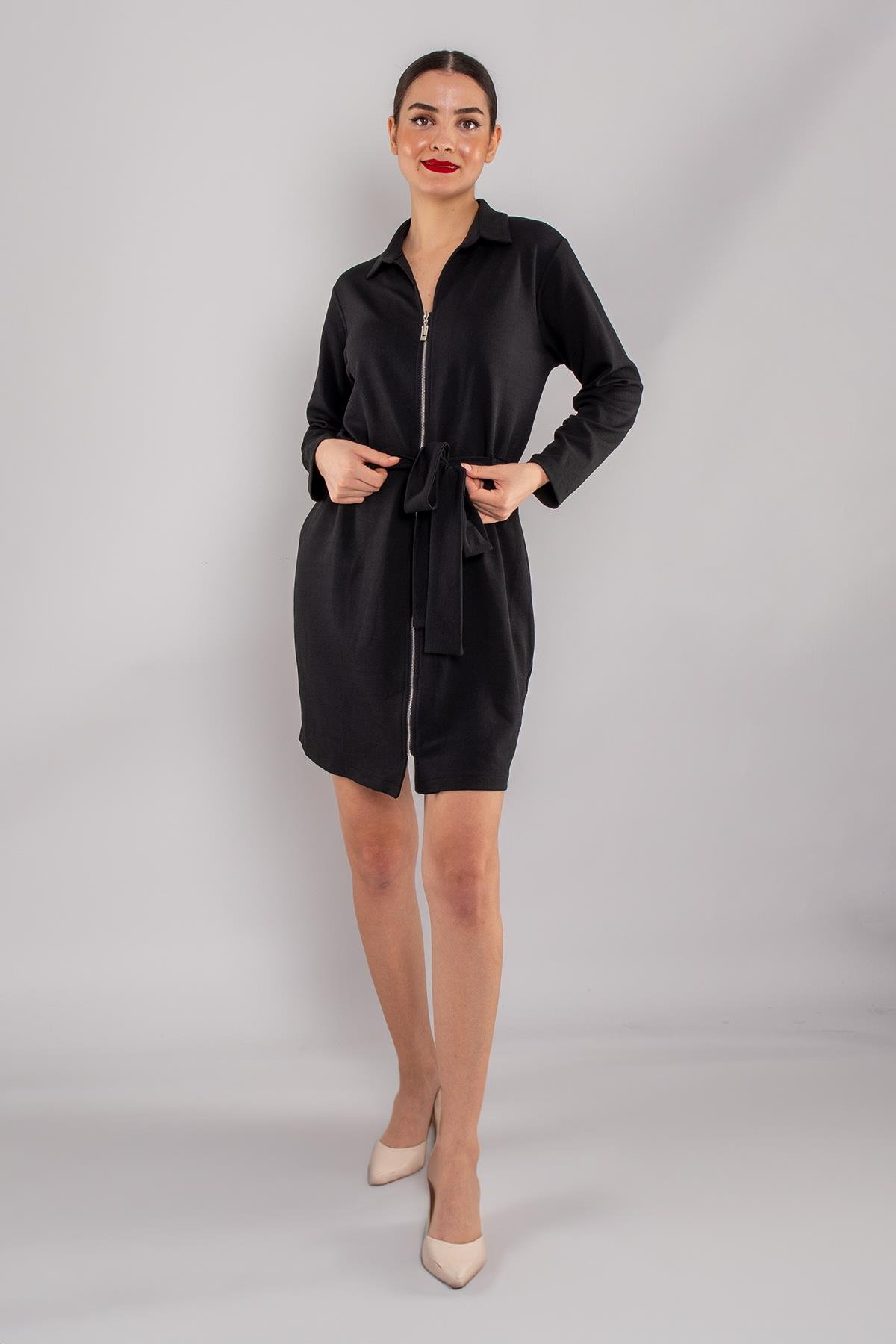 4710 Fermuarlı Yakalı Beli Lastikli Kuşaklı Uzun Kol Kısa Viscon Elbise