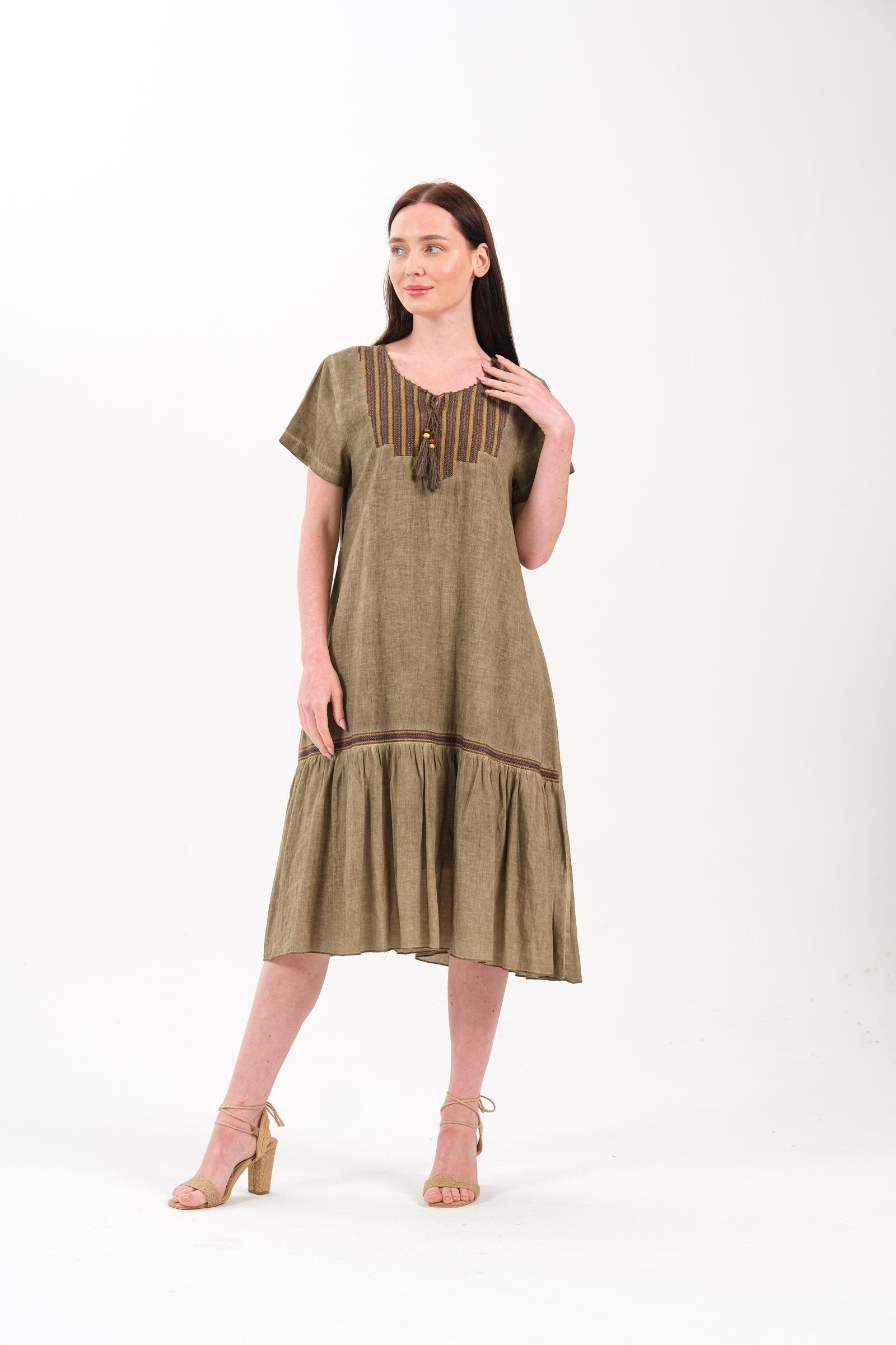 4711 Yaka Parçalı Oya İşli Kısa Kol Pamuk Otantik Elbise