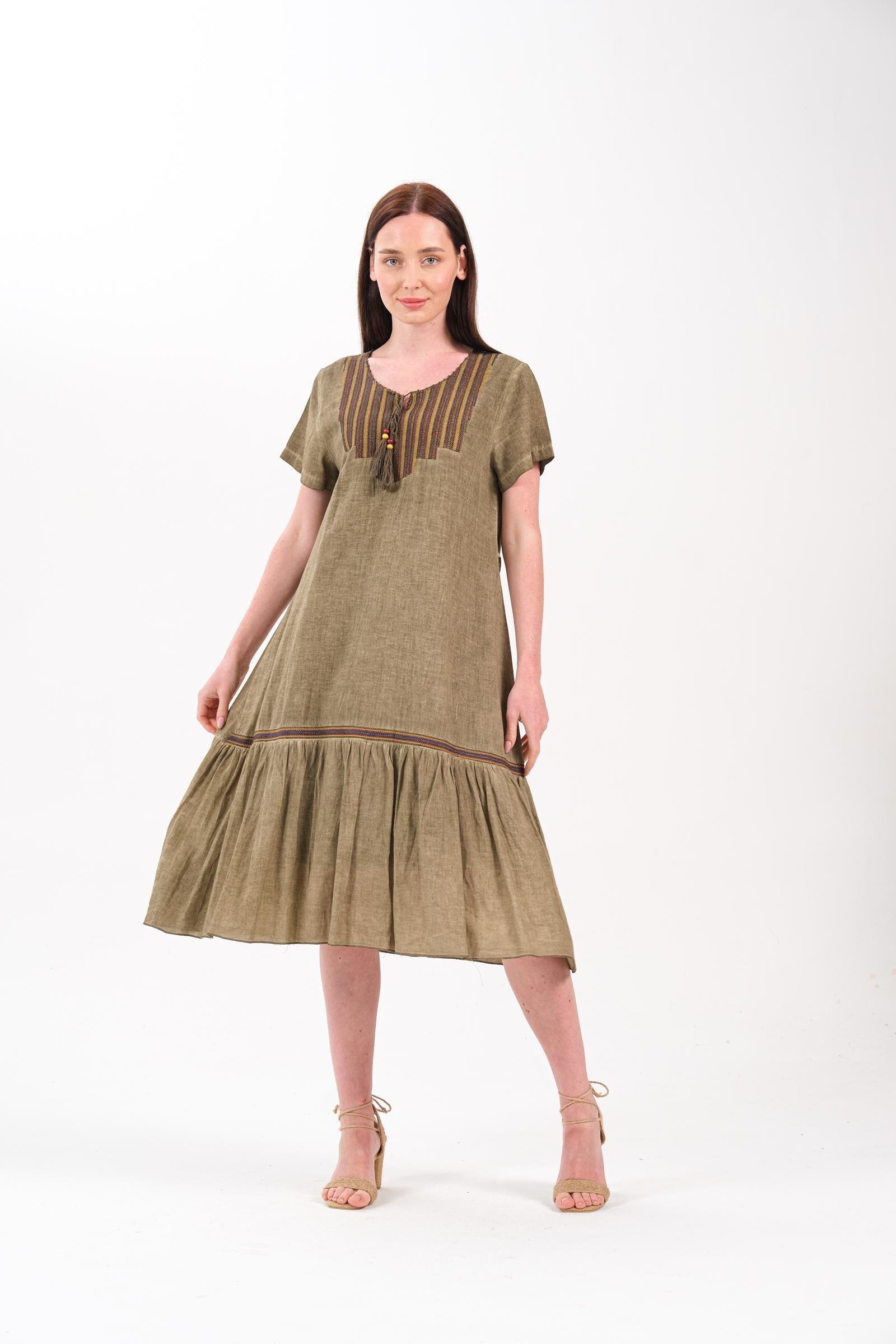 4711 Yaka Parçalı Oya İşli Kısa Kol Pamuk Otantik Elbise