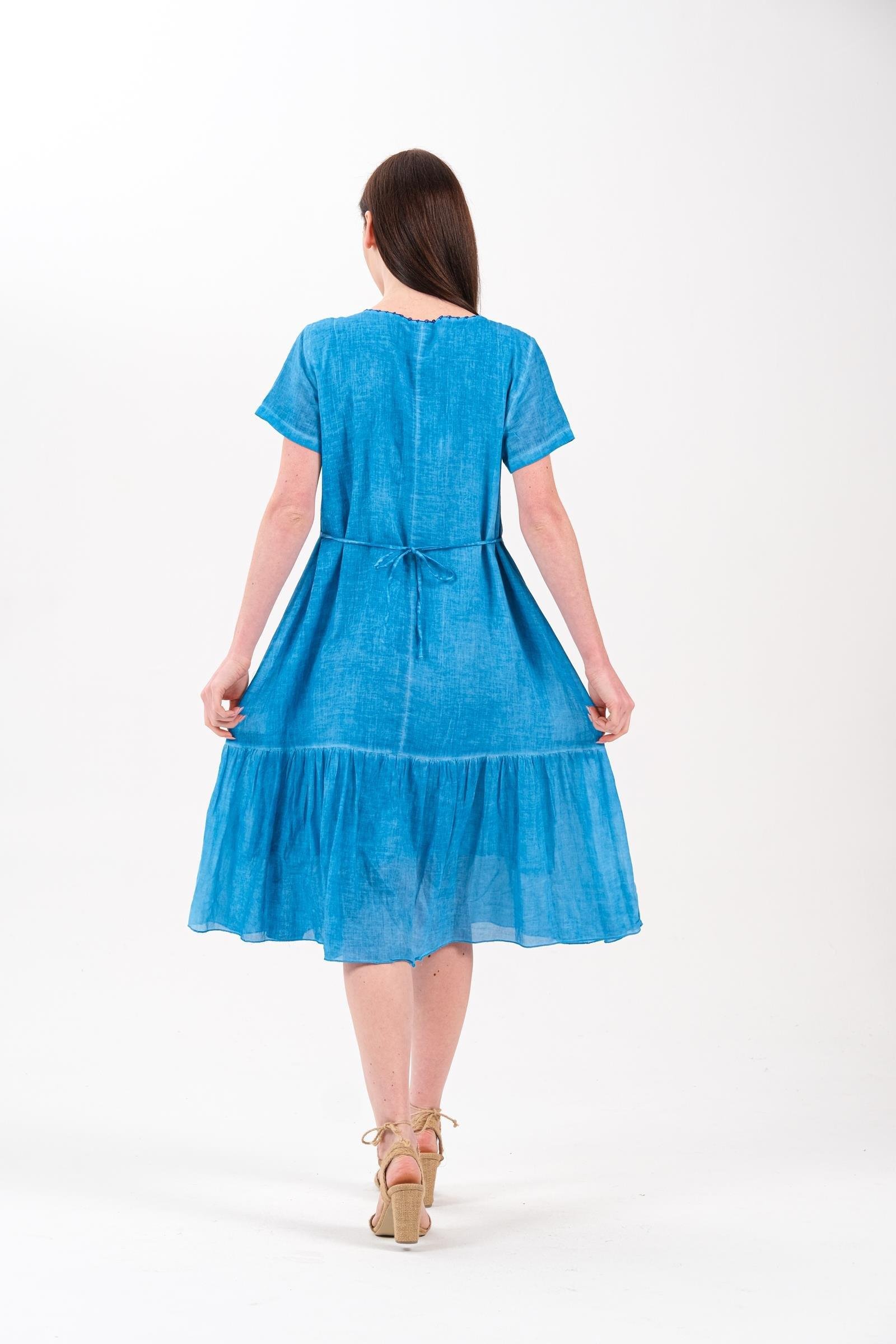 4711 Yaka Parçalı Oya İşli Kısa Kol Pamuk Otantik Elbise