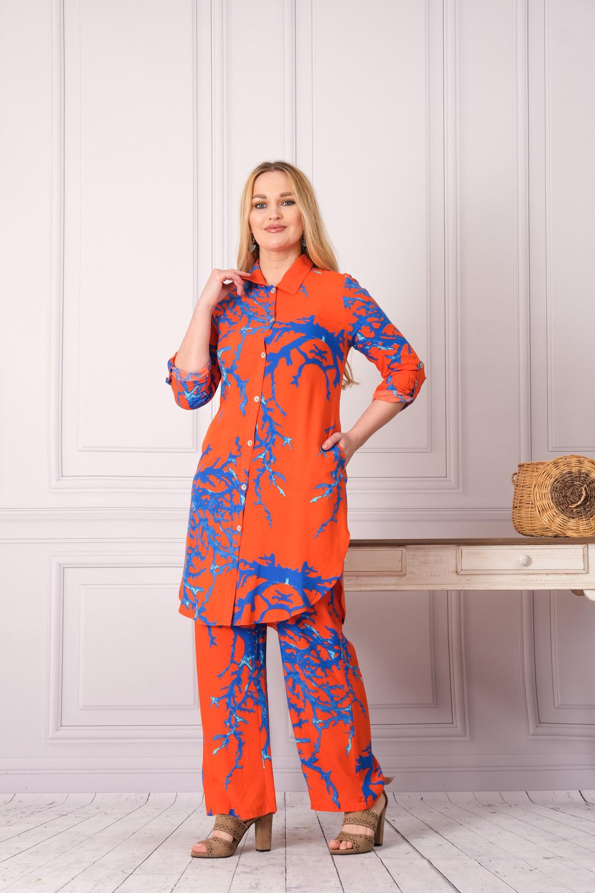 4748-1 Desenli Pamuk Gömlek Pantolon Otantik Tesettür İkili Takım