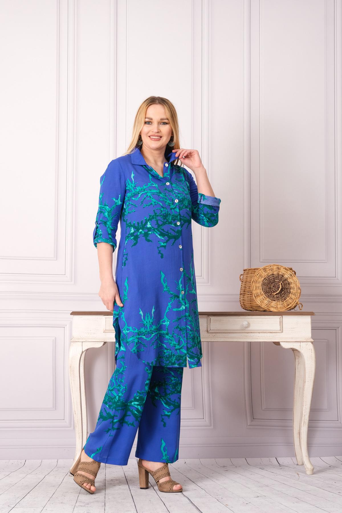 4748-1 Desenli Pamuk Gömlek Pantolon Otantik Tesettür İkili Takım