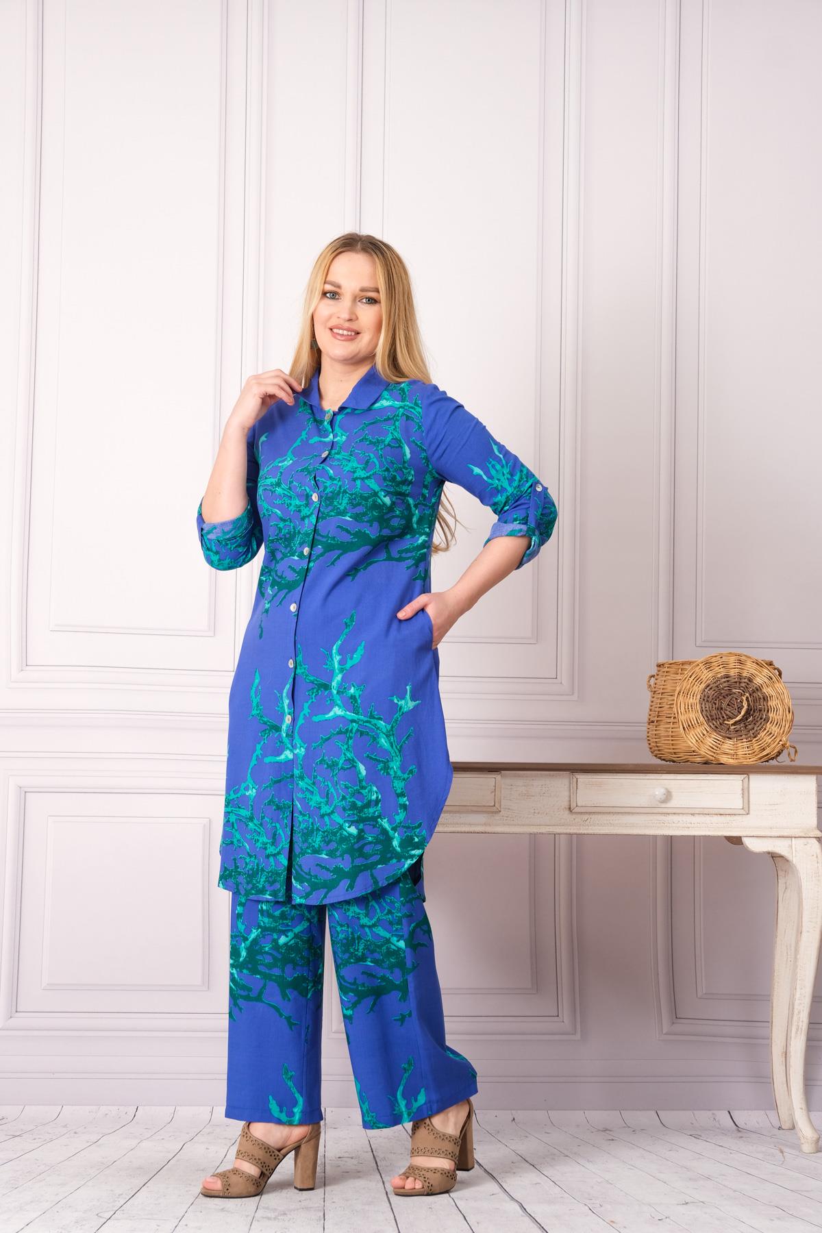 4748-1 Desenli Pamuk Gömlek Pantolon Otantik Tesettür İkili Takım