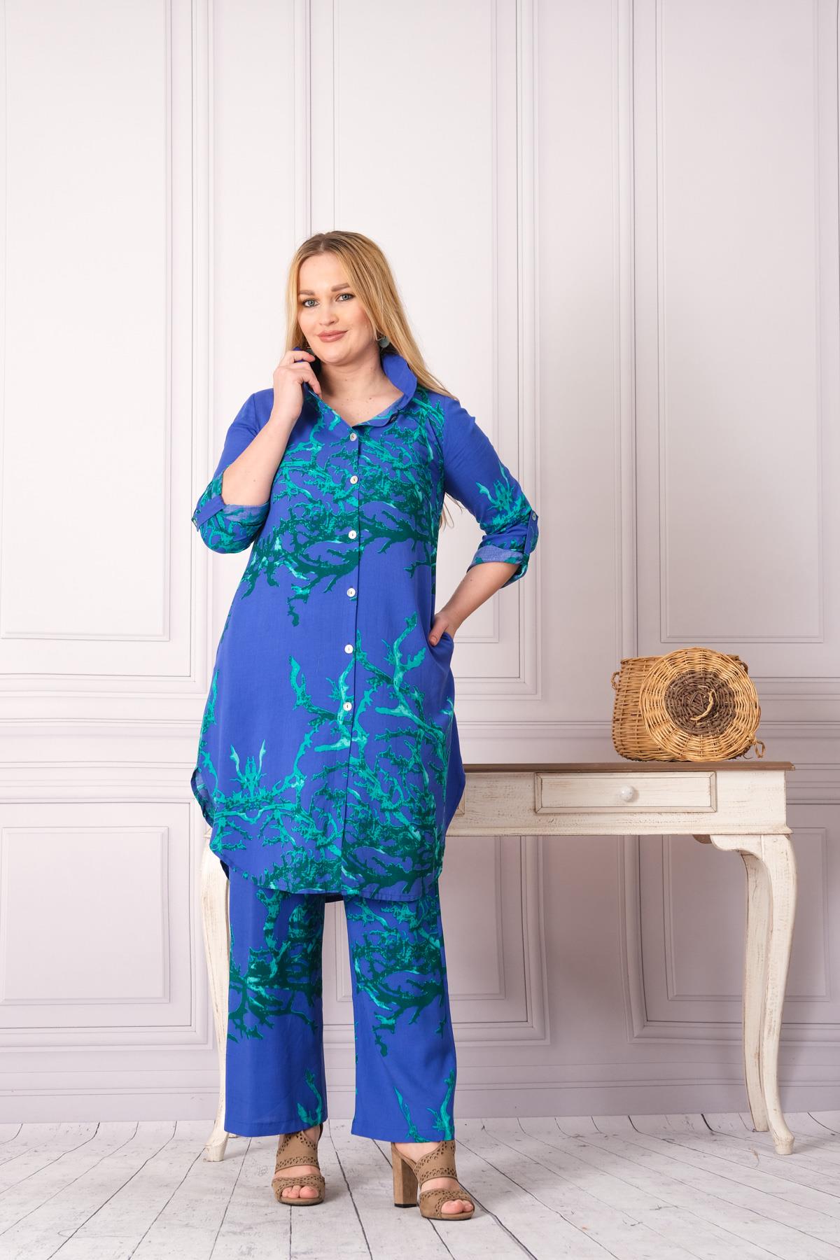 4748-1 Desenli Pamuk Gömlek Pantolon Otantik Tesettür İkili Takım