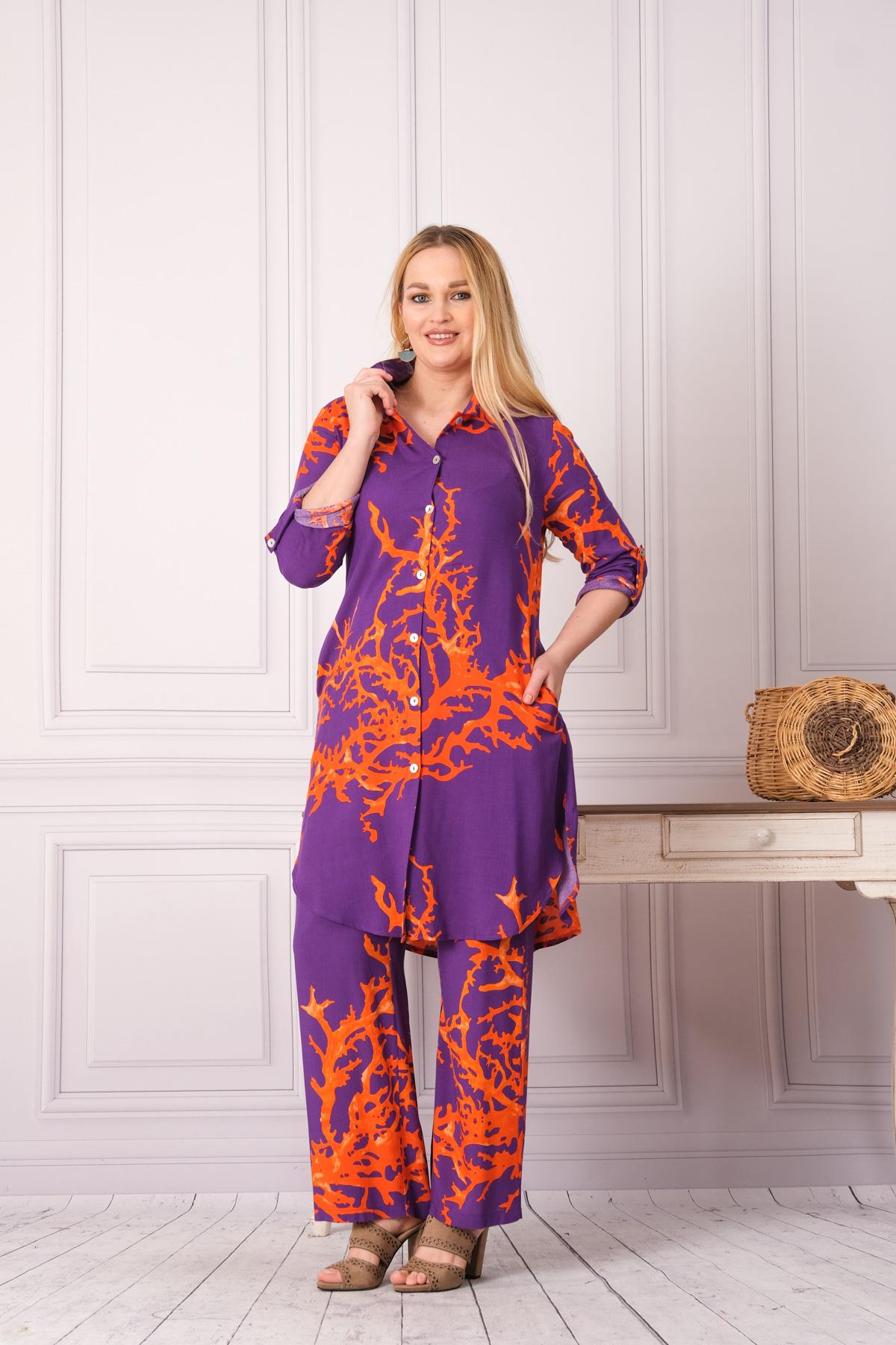 4748-1 Desenli Pamuk Gömlek Pantolon Otantik Tesettür İkili Takım