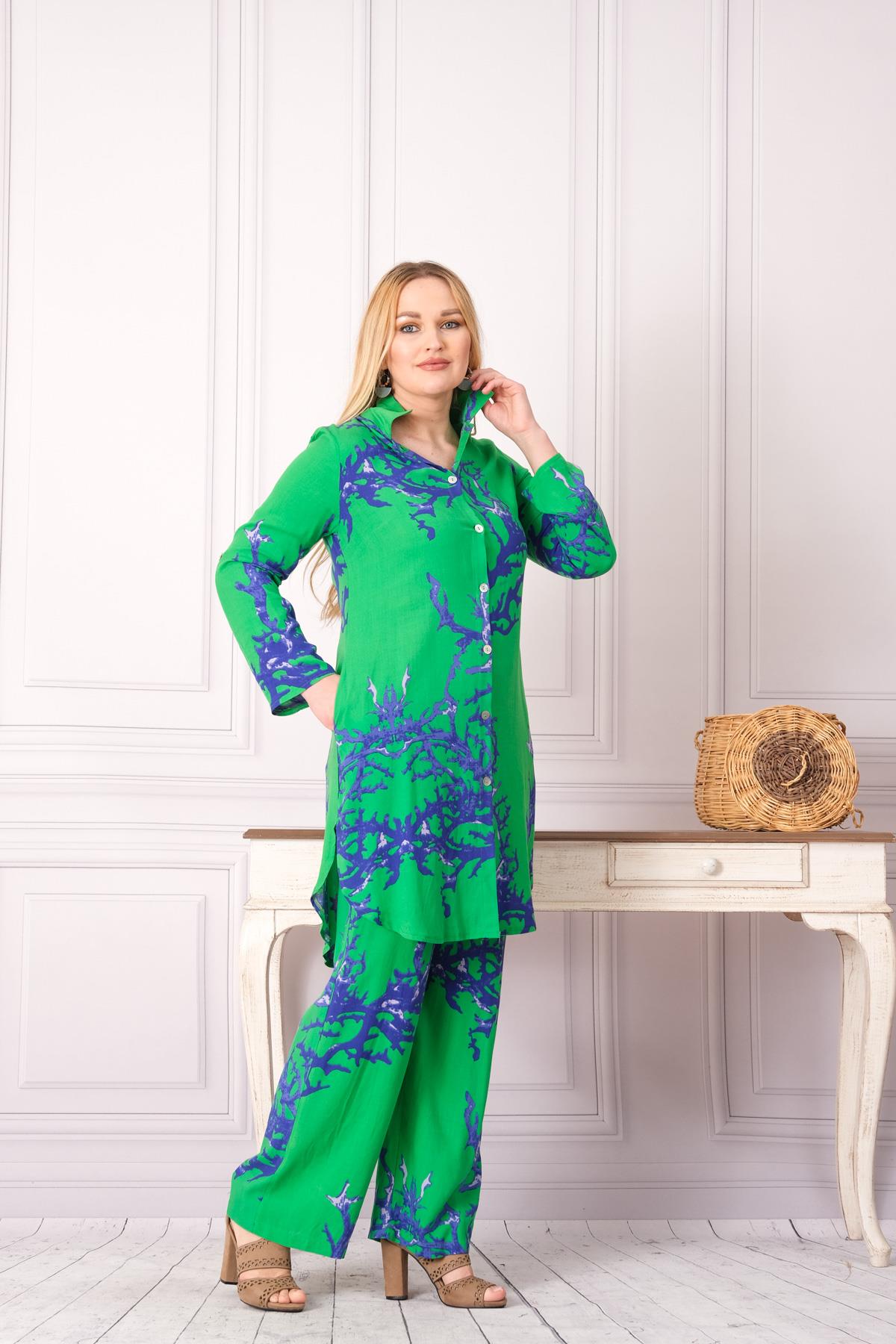 4748-1 Desenli Pamuk Gömlek Pantolon Otantik Tesettür İkili Takım