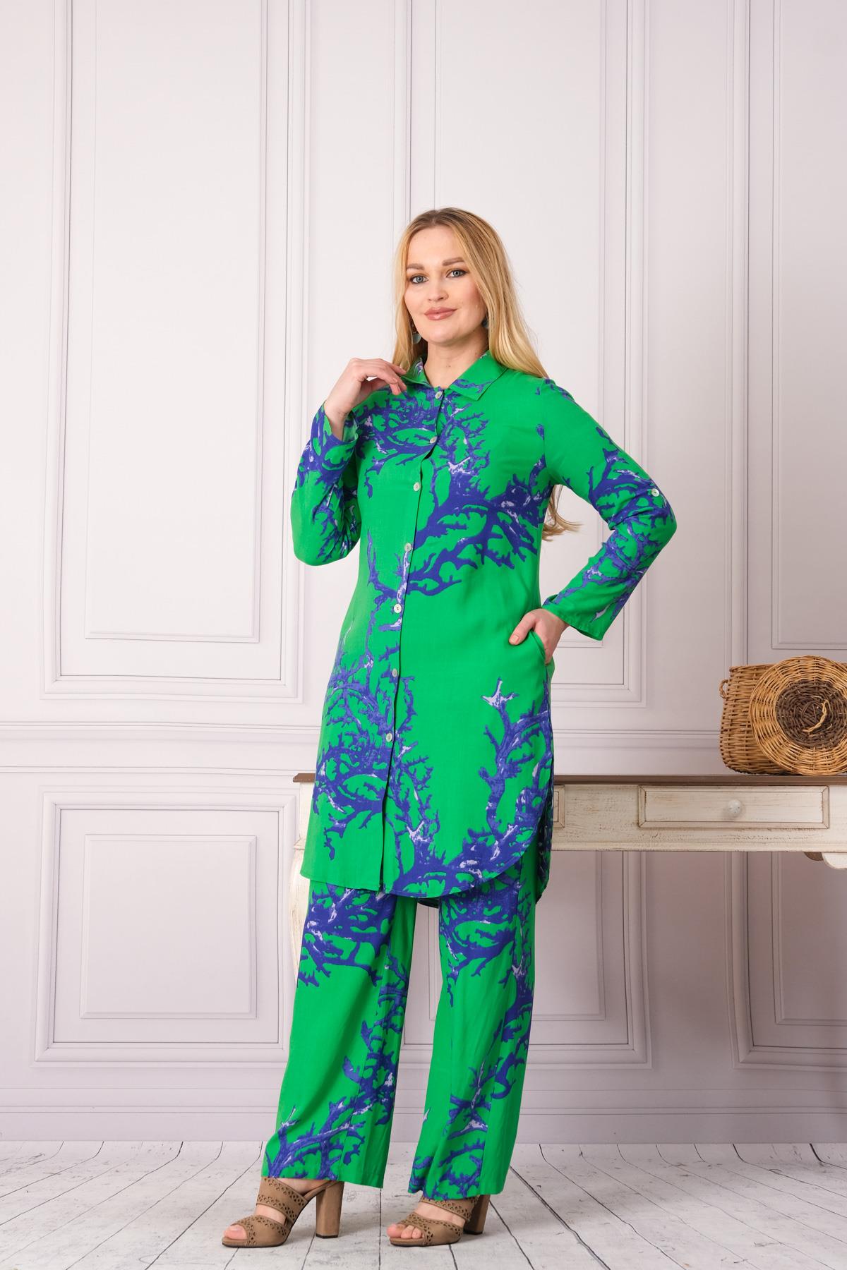 4748-1 Desenli Pamuk Gömlek Pantolon Otantik Tesettür İkili Takım