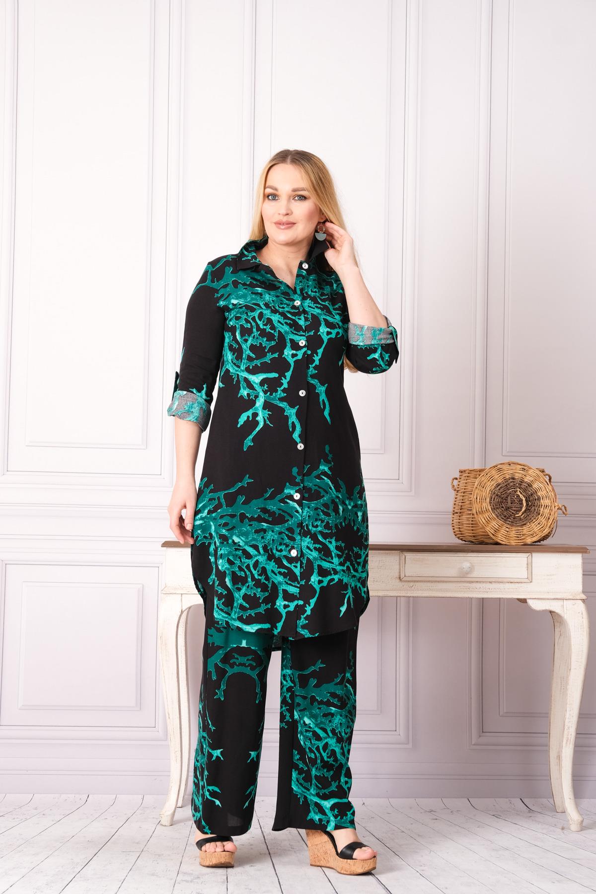 4748-1 Desenli Pamuk Gömlek Pantolon Otantik Tesettür İkili Takım