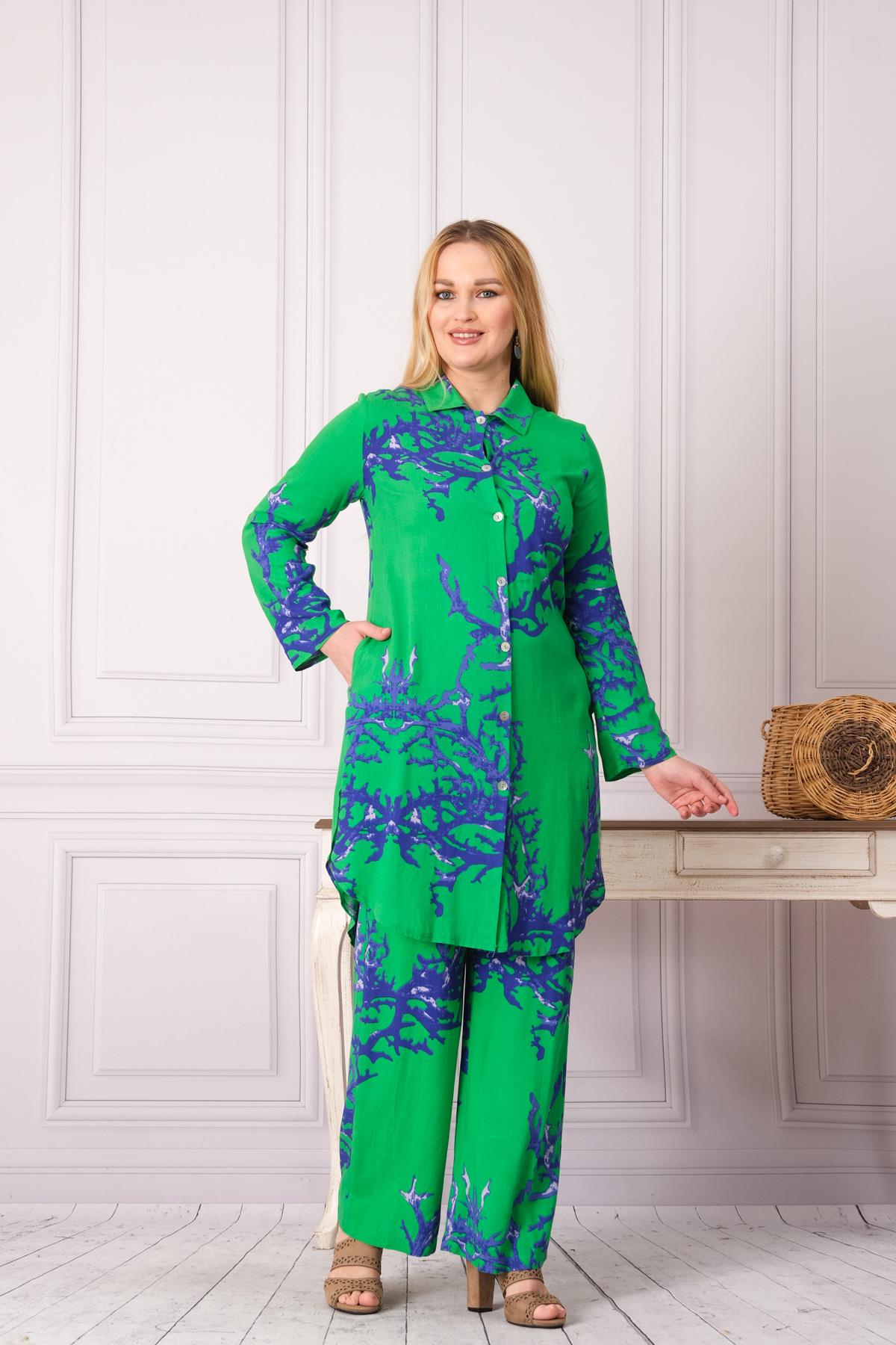 4748-1 Desenli Pamuk Gömlek Pantolon Otantik Tesettür İkili Takım