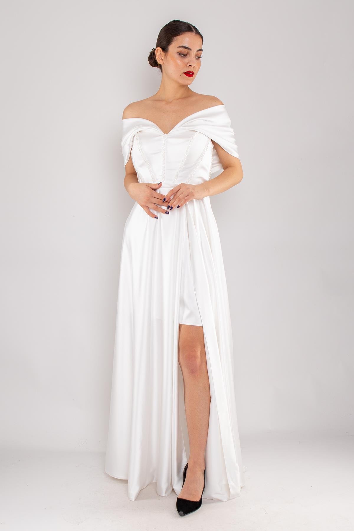 475 Kayık Yaka Detay Sırtı İpli Boncuk İşleme Uzun Saten Elbise