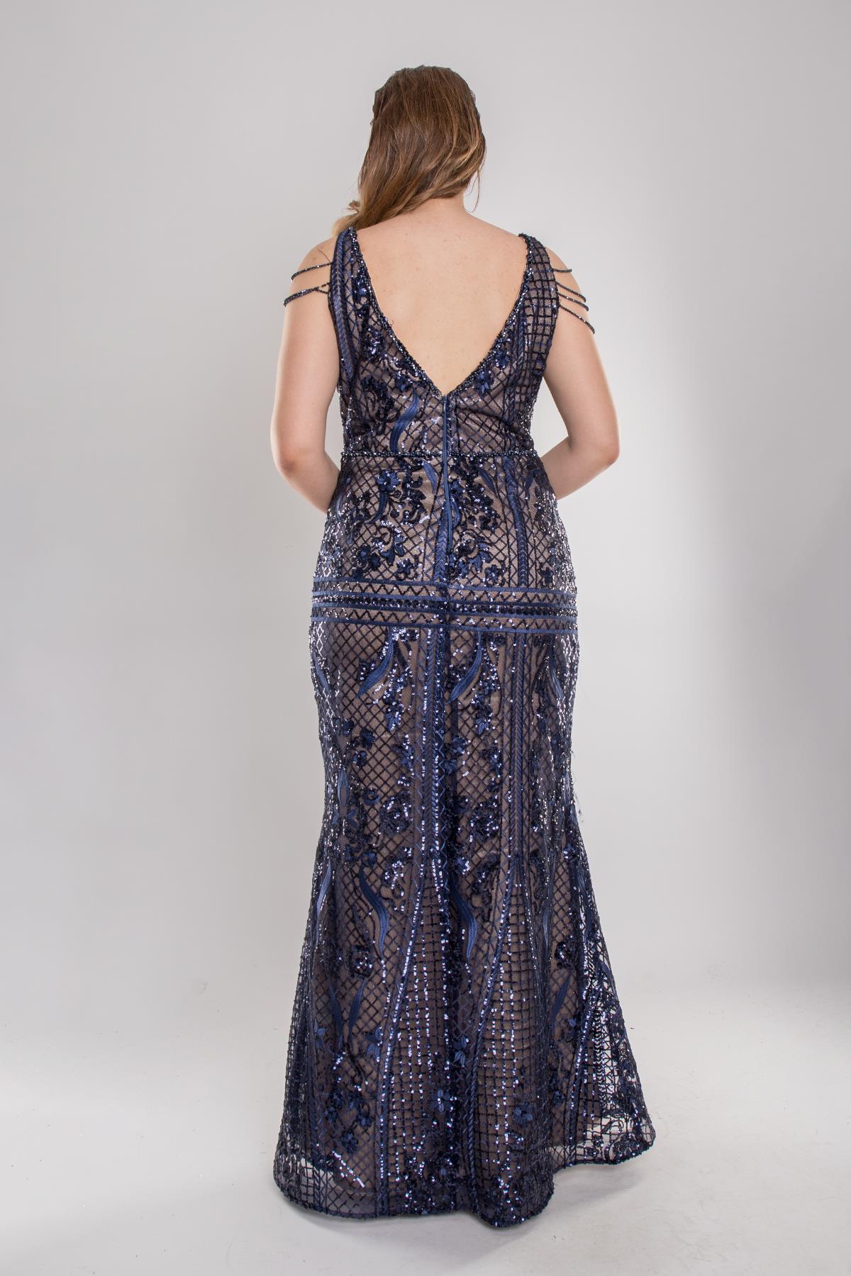 4776-2 Büyük Beden Kalın Askılı Pulpayet Püsküllü Uzun Elbise