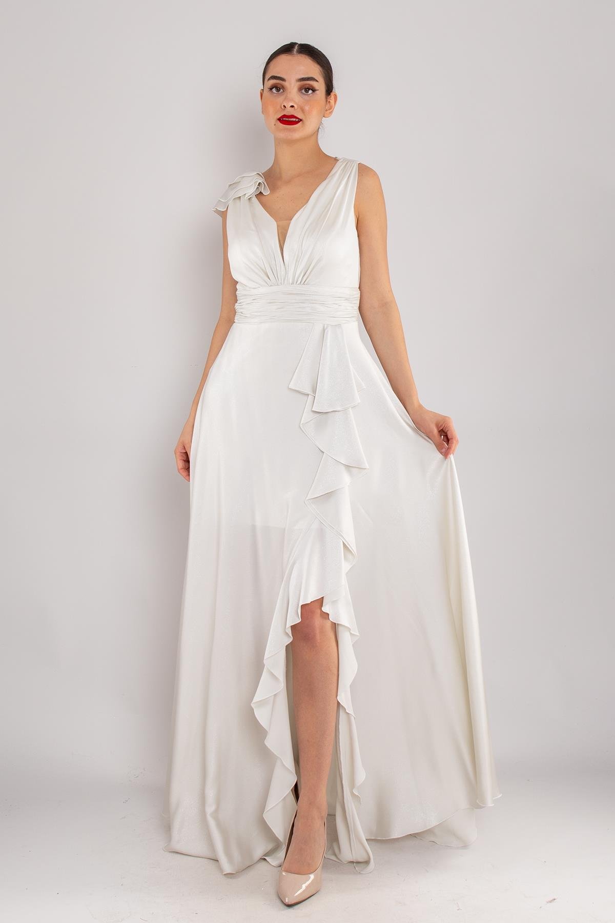 482 Beli Drape Eteği Valon Jakar Uzun Abiye Elbise