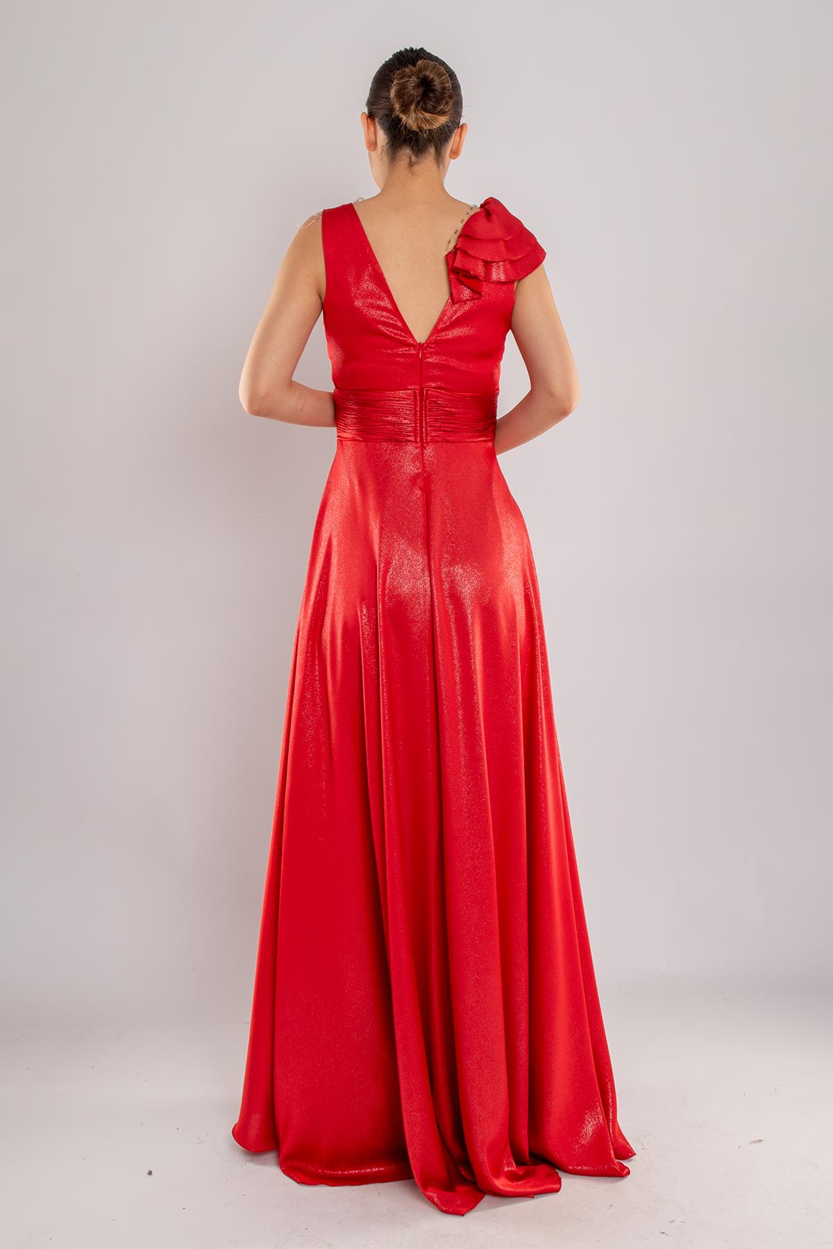 482 Beli Drape Eteği Valon Jakar Uzun Abiye Elbise