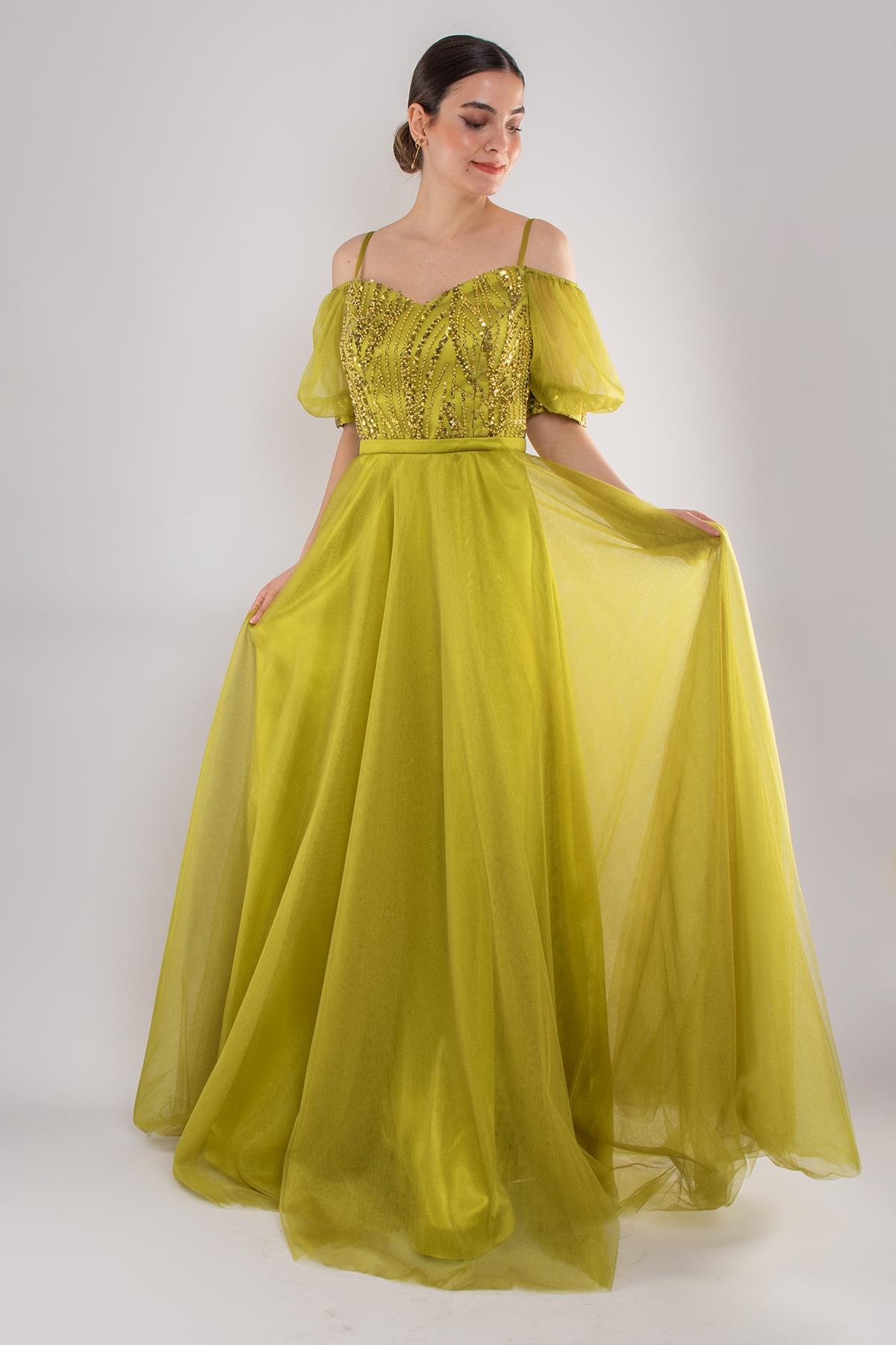 488 Balon Kol İp Askılı Göğüs Payeli Uzun Tül Nişanlık