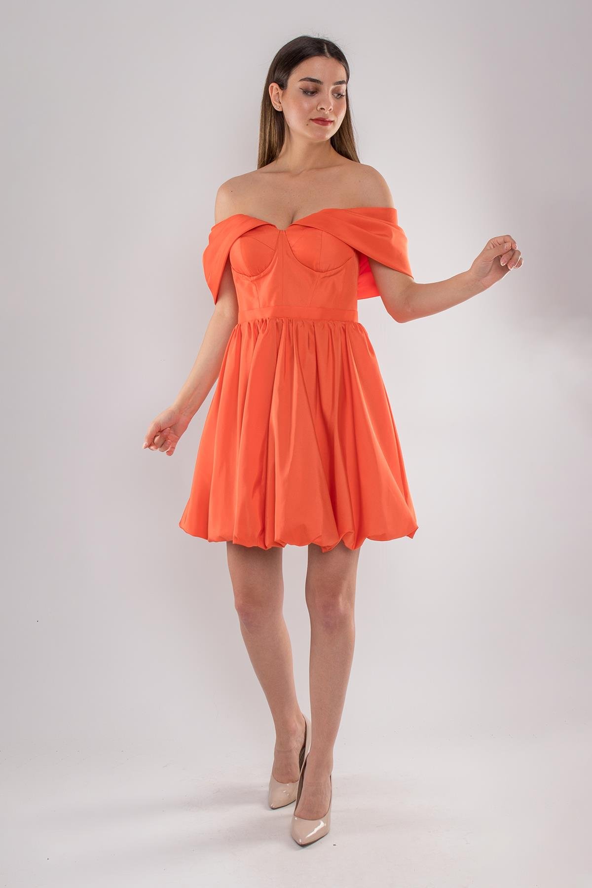 491 Balon Etek Kol Detay Mini Elbise