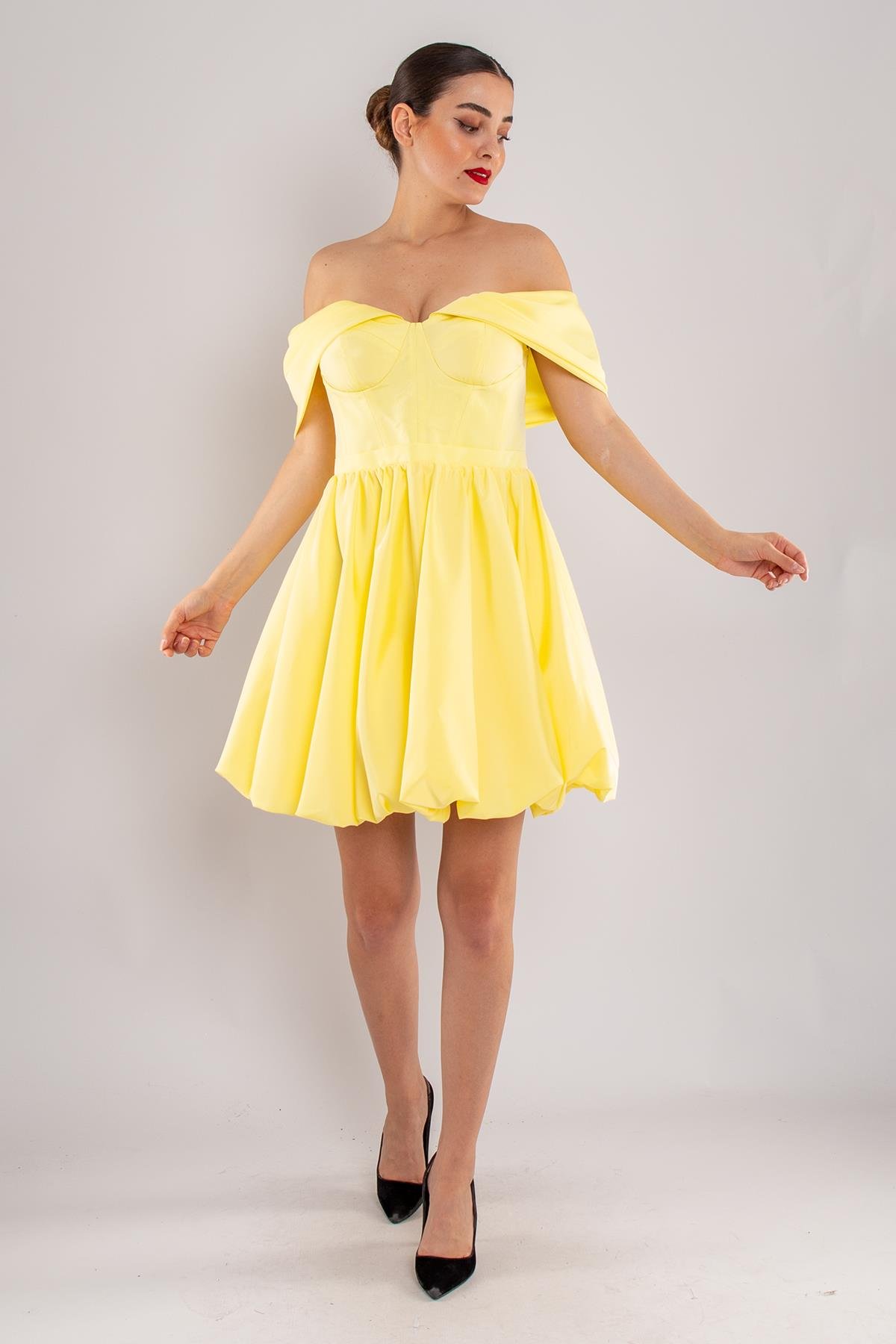 491 Balon Etek Kol Detay Mini Elbise