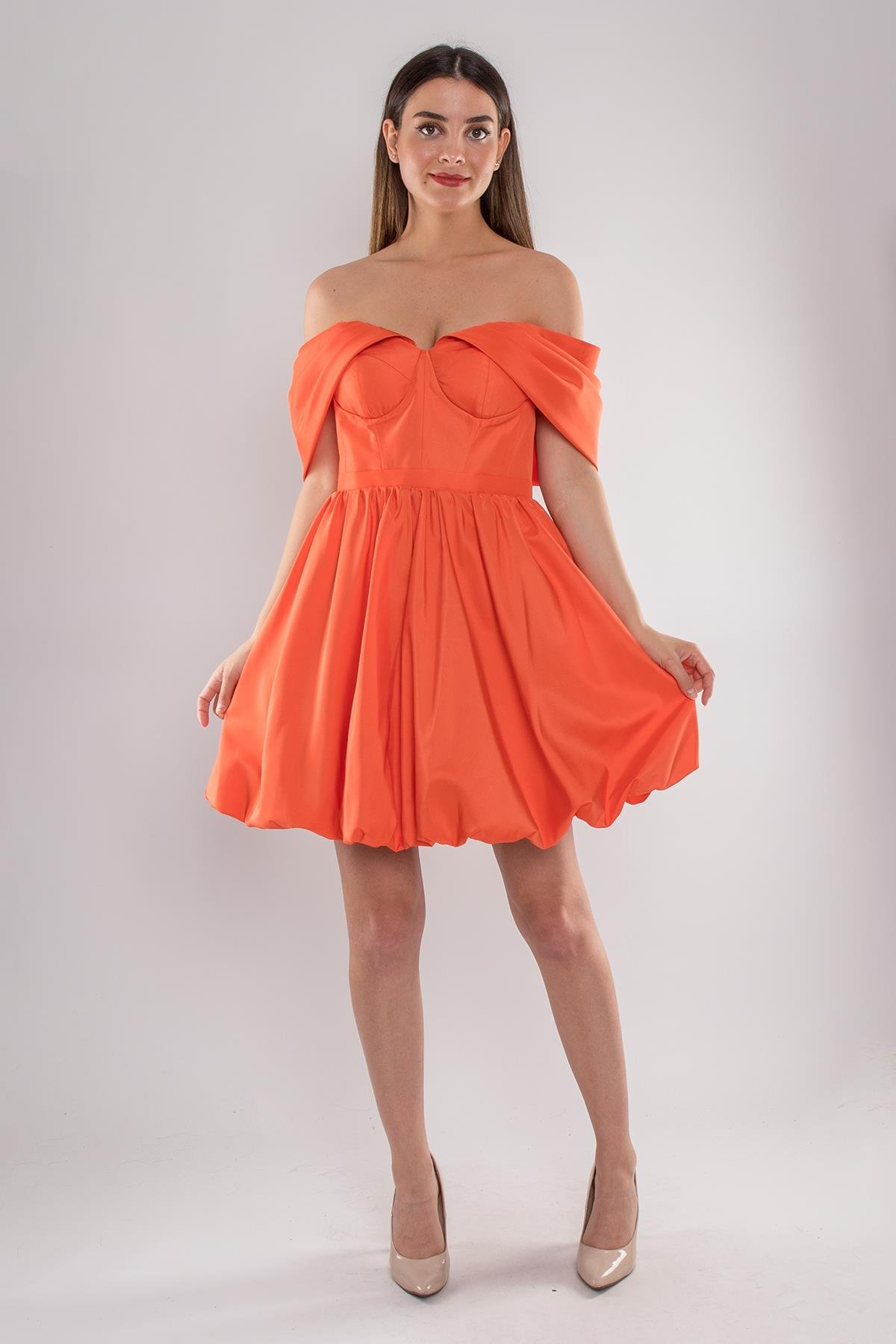 491 Balon Etek Kol Detay Mini Elbise