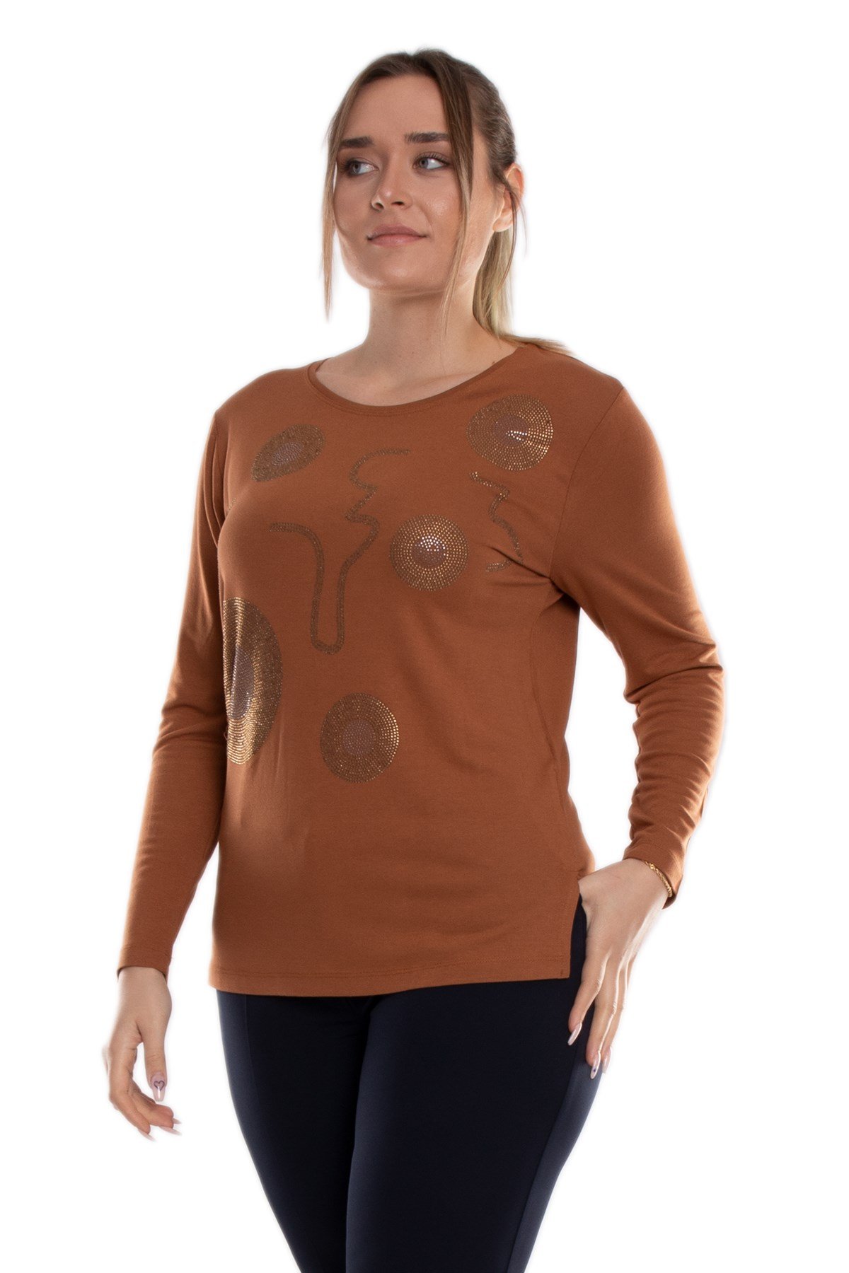 5003 Büyük Beden Taş Baskı Daire Desen Viscon Kadın Bluz