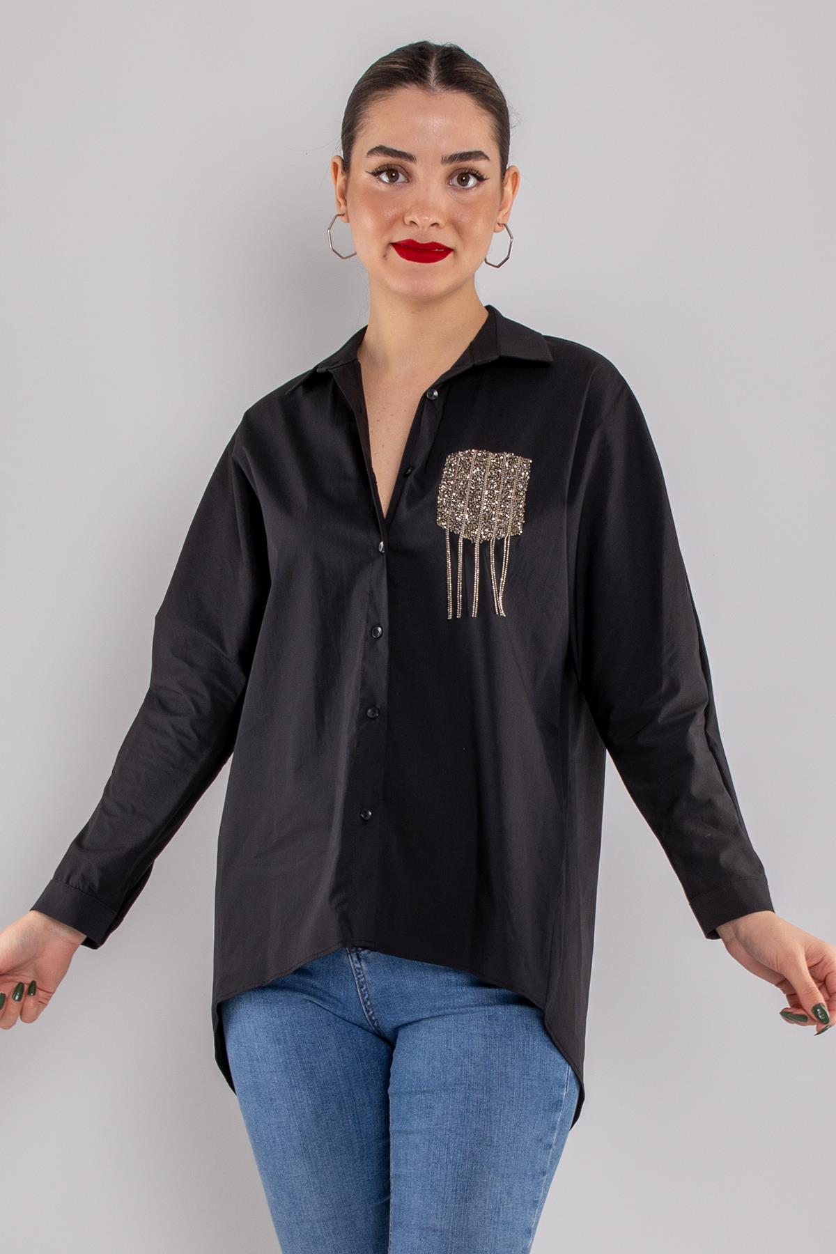50092 Cep Detay Taşlı Düğmeli Pamuk Gömlek