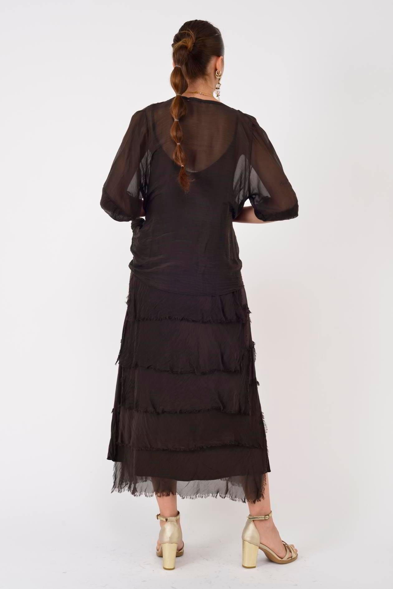 5015 Saçak Detaylı Bağlamalı Kruvaze İpek Elbise