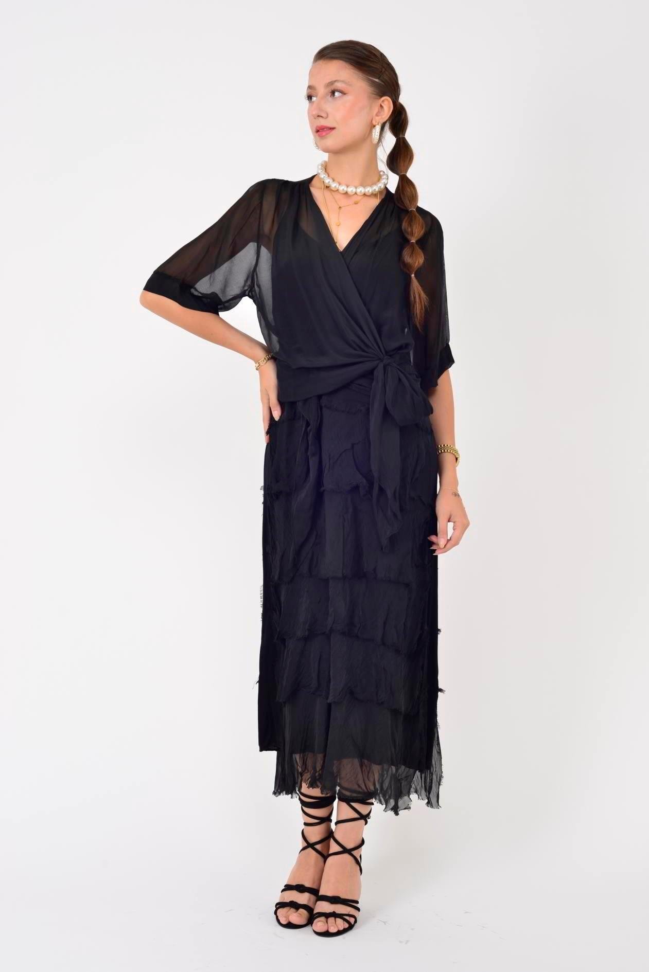 5015 Saçak Detaylı Bağlamalı Kruvaze İpek Elbise