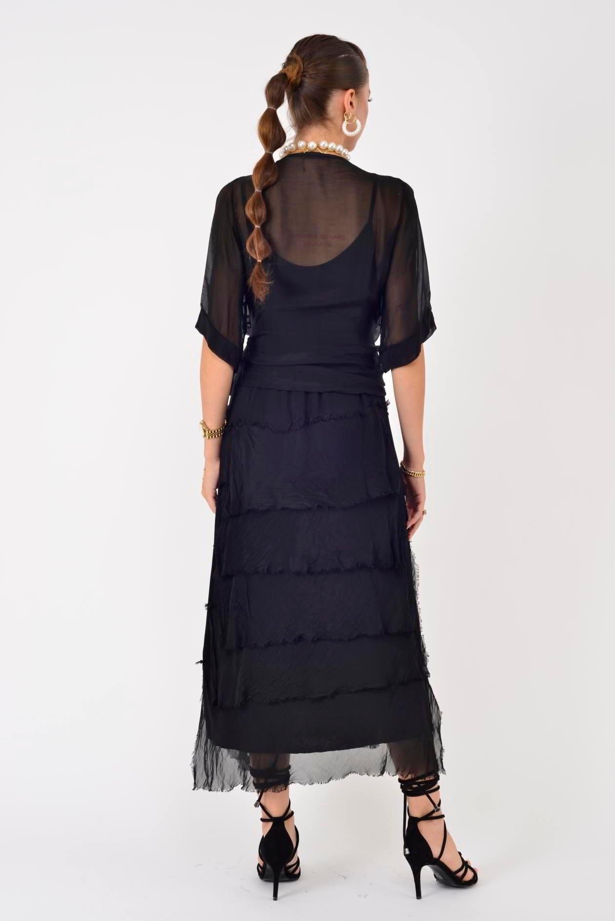 5015 Saçak Detaylı Bağlamalı Kruvaze İpek Elbise