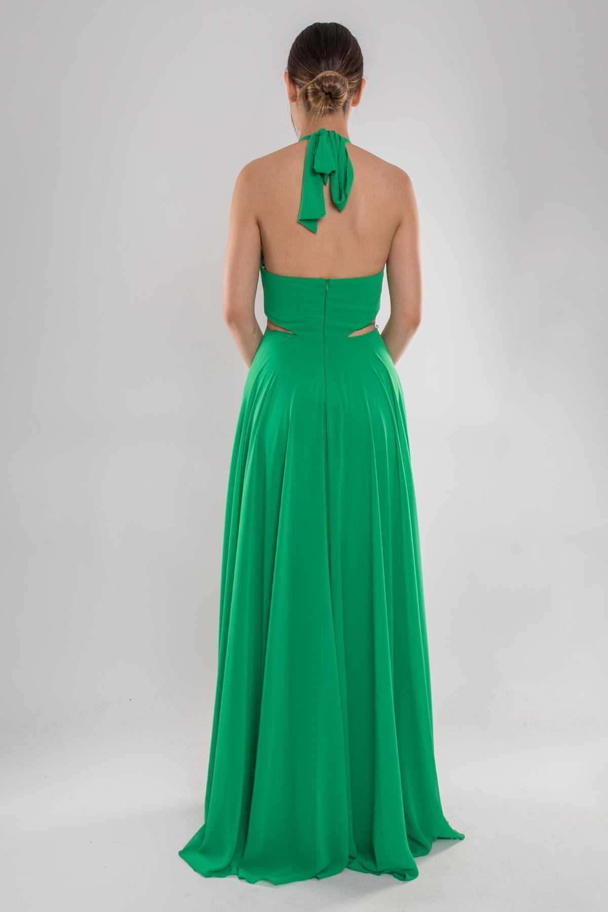 5020 Bel Dekolte Toka Detay Şifon Uzun Elbise