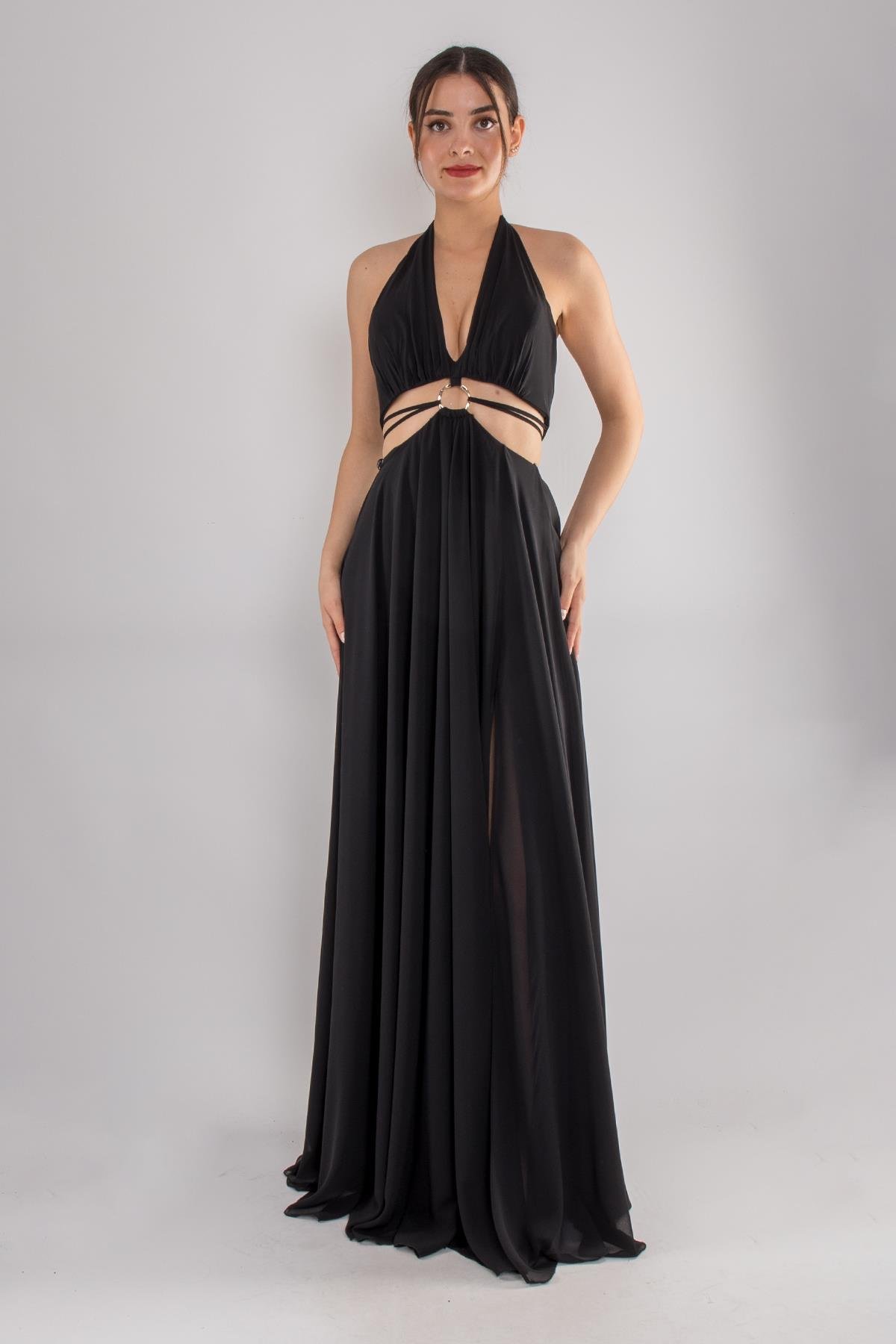 5020 Bel Dekolte Toka Detay Şifon Uzun Elbise