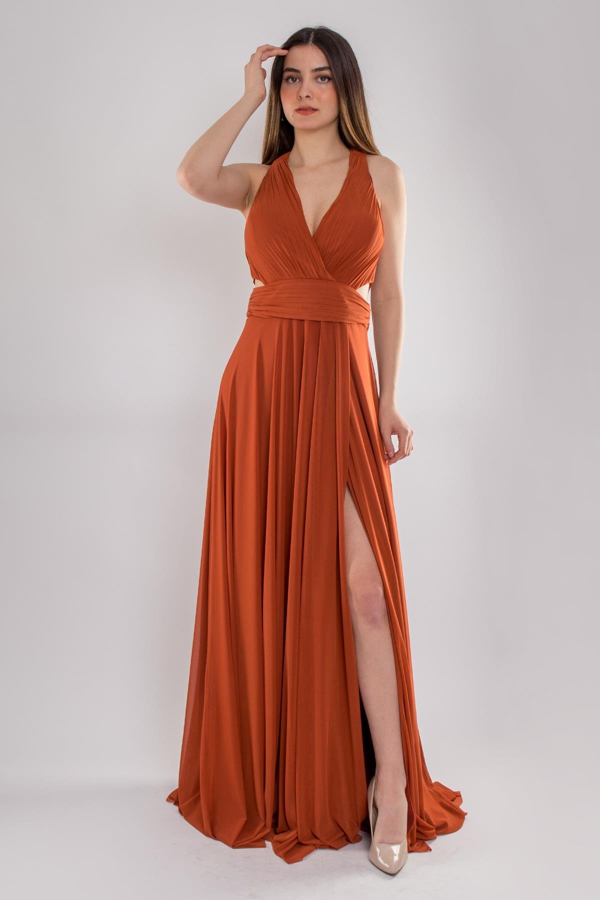 5021 Beli Drapeli Gögsü Pliseli Jessica Uzun Tül Elbise