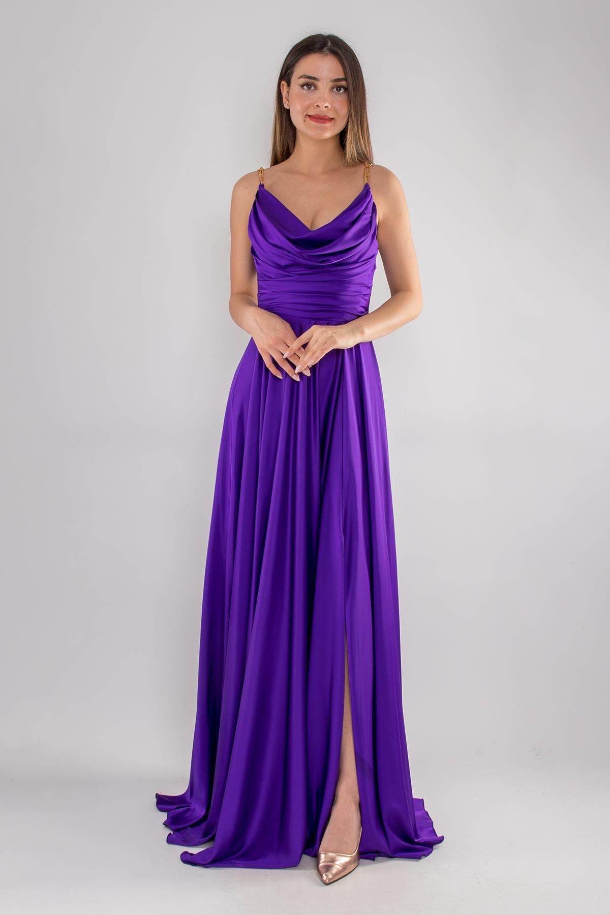 5022 Bel Drape Şal Yaka Saten Kloş Uzun Elbise