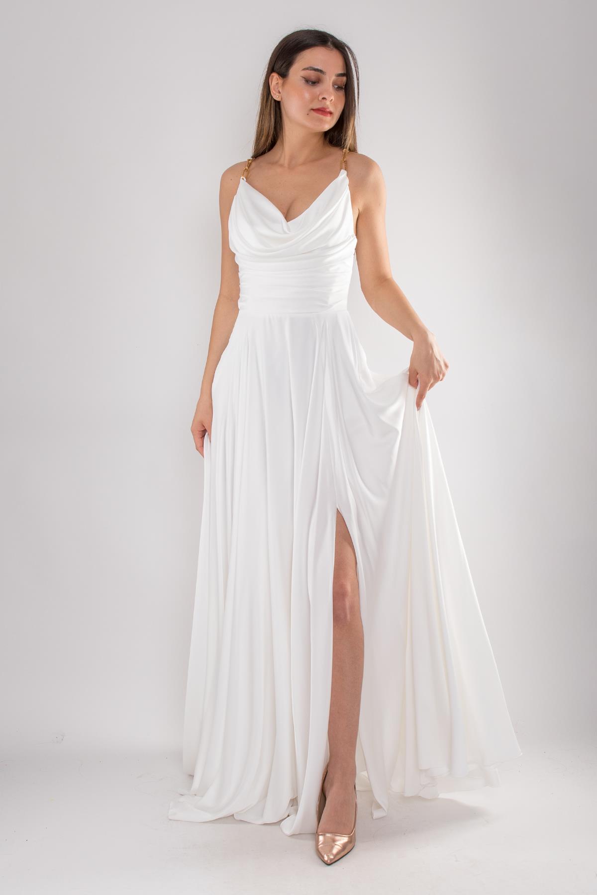 5022 Bel Drape Şal Yaka Saten Kloş Uzun Elbise