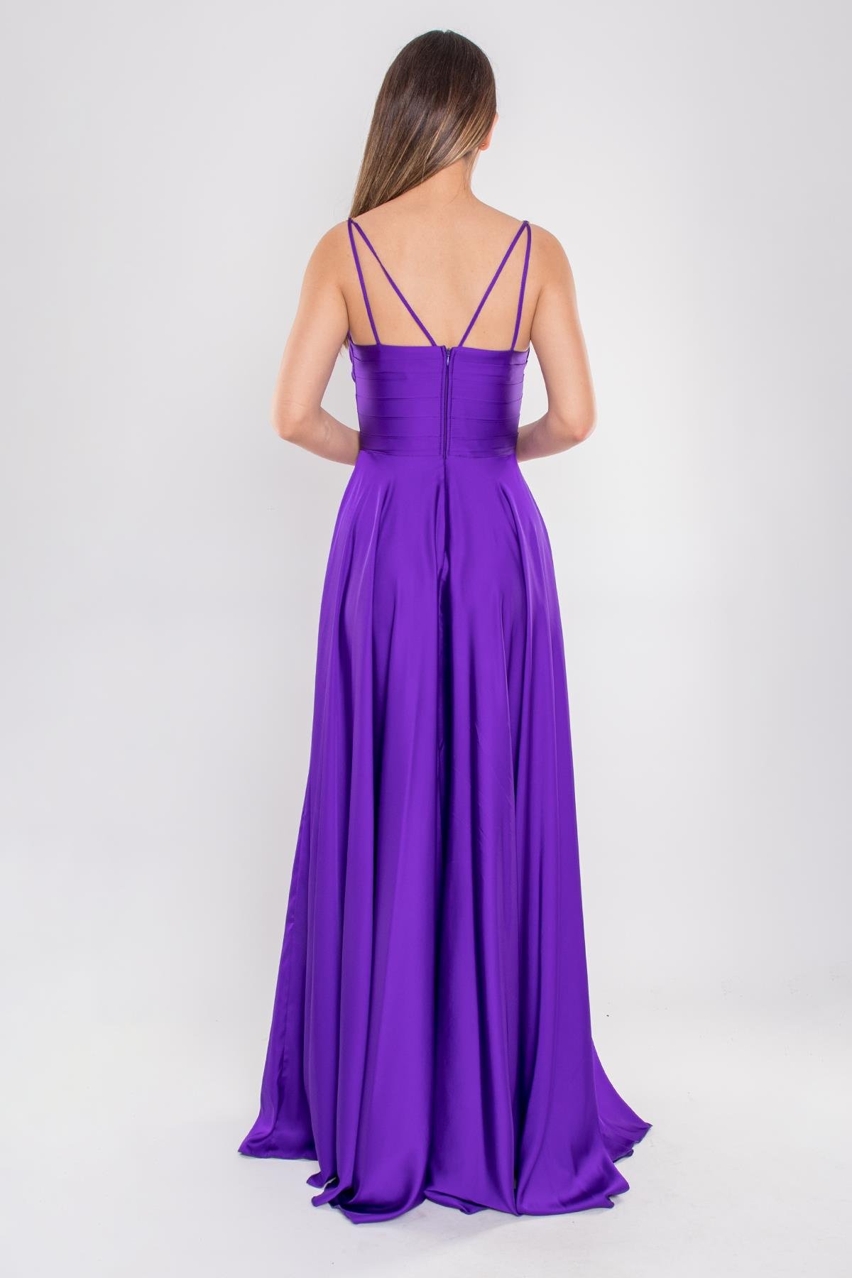 5022 Bel Drape Şal Yaka Saten Kloş Uzun Elbise