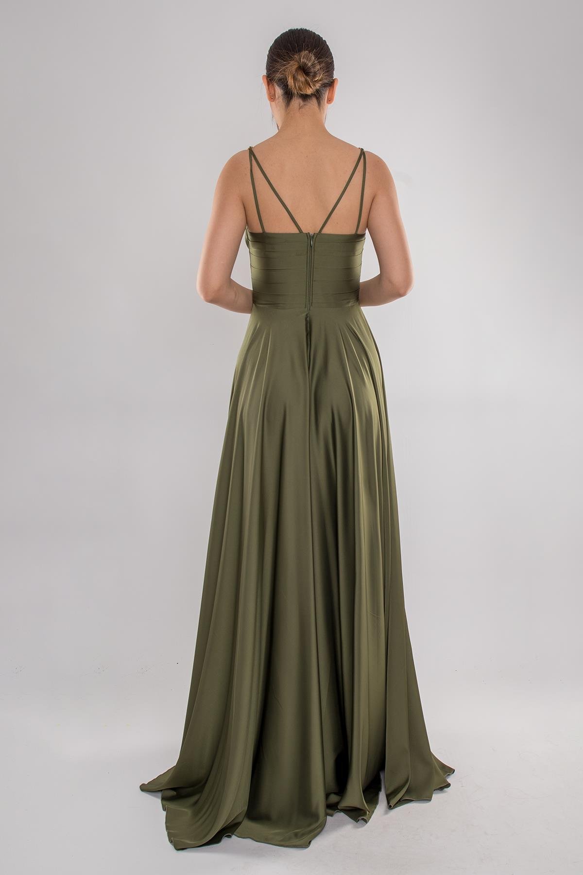 5022 Bel Drape Şal Yaka Saten Kloş Uzun Elbise