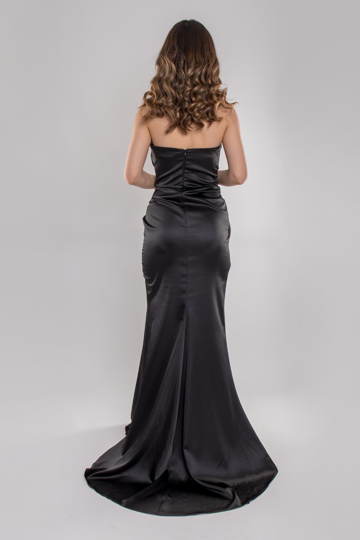 5029 Tek Omuz Beli Drape Taş Detay Uzun Saten Elbise