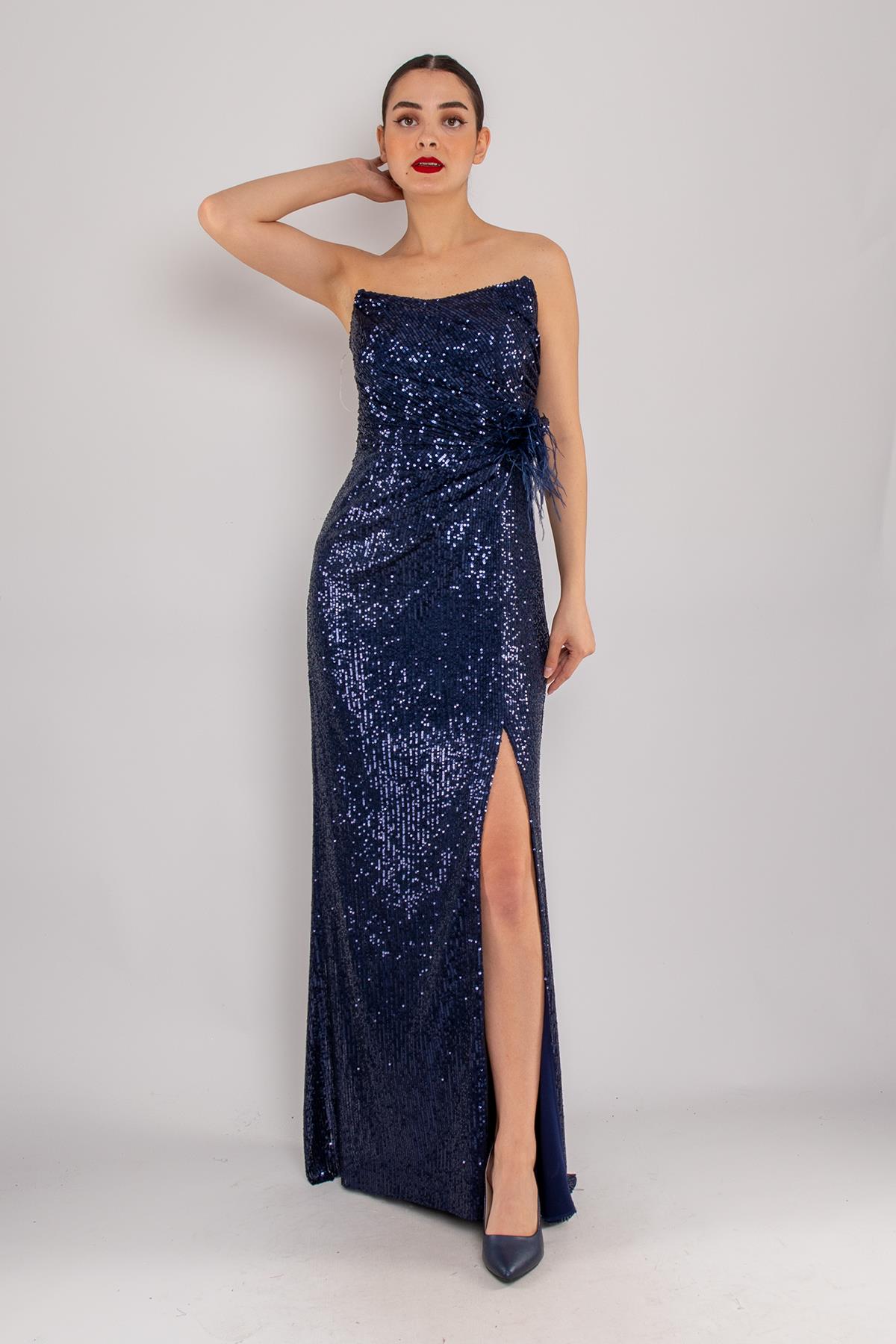 503 Pulpayet Straplez Uzun Yanı Drape Yırtmaçlı Elbise