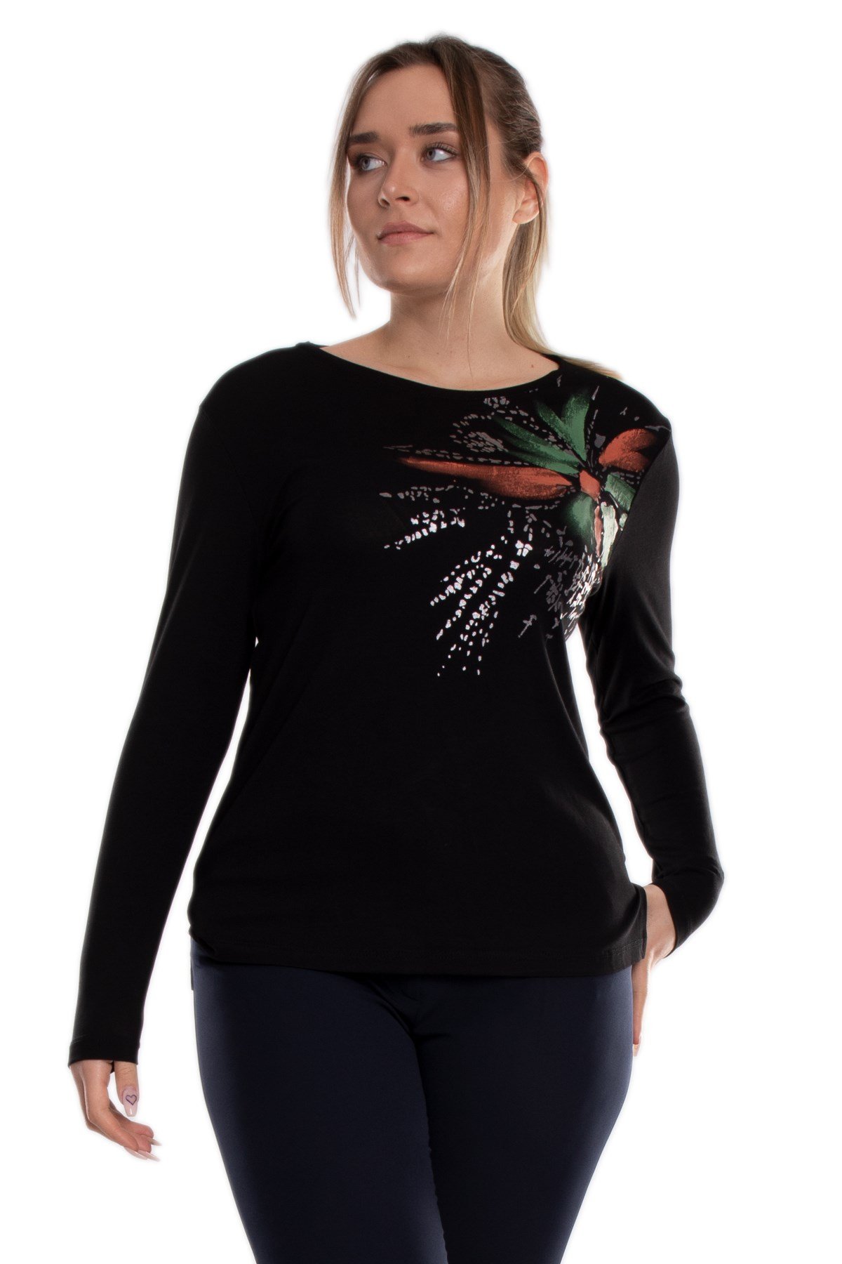 5030 Büyük Beden Yaldızlı Çiçek Baskılı Viscon Kadın Bluz