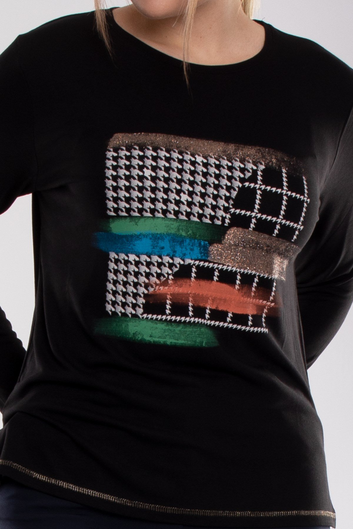 5031 Büyük Beden Kazayağı Desen Renkli Sim Detay Viscon Kadın Bluz